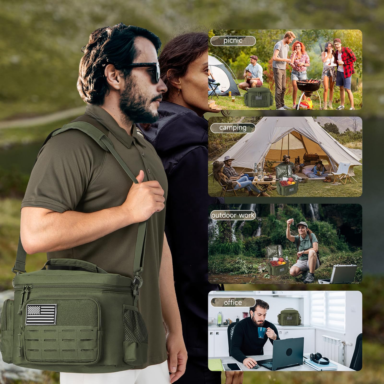 QT&QY Sac Repas Tactique 13L Militaire Renforcé - Glacière Isotherme Étanche Durable avec Système MOLLE Découpe Laser, pour Bureau/Camping/Pique-nique - Boîte Repas Adulte Hommes