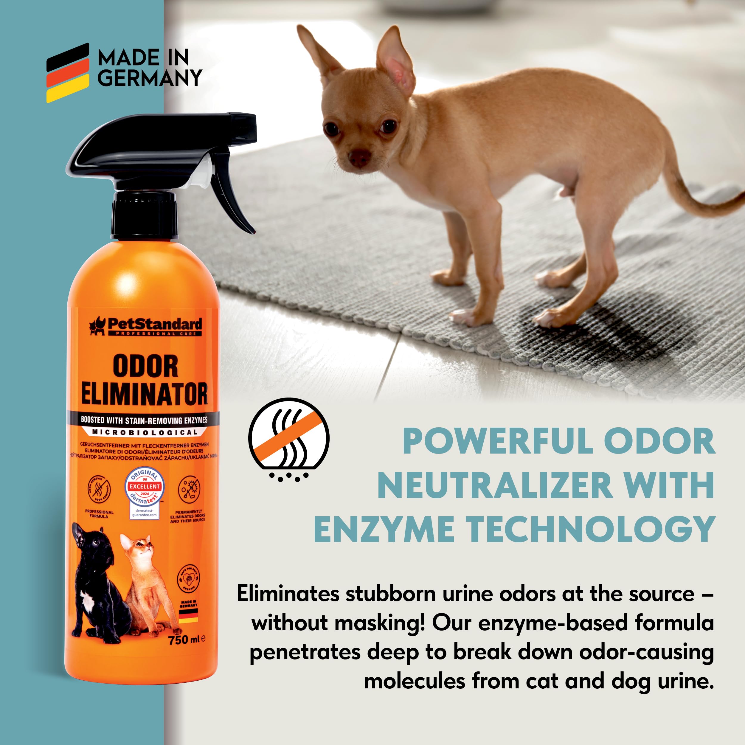 PetStandard Enzymatyczny środek czyszczący do moczu kota i moczu psa, 750 ml, silny środek do usuwania zapachu moczu, fekaliów i wymiocin, bezpieczny dla zwierząt domowych i przyrody, wyprodukowano w