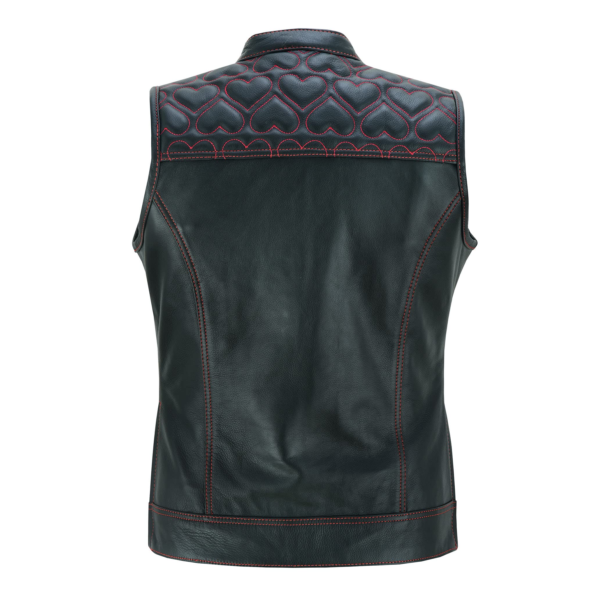 Leatherick Chaleco de cuero negro para motocicleta para mujer Forro tradicional de satén Paisley con costuras de corazón rosa