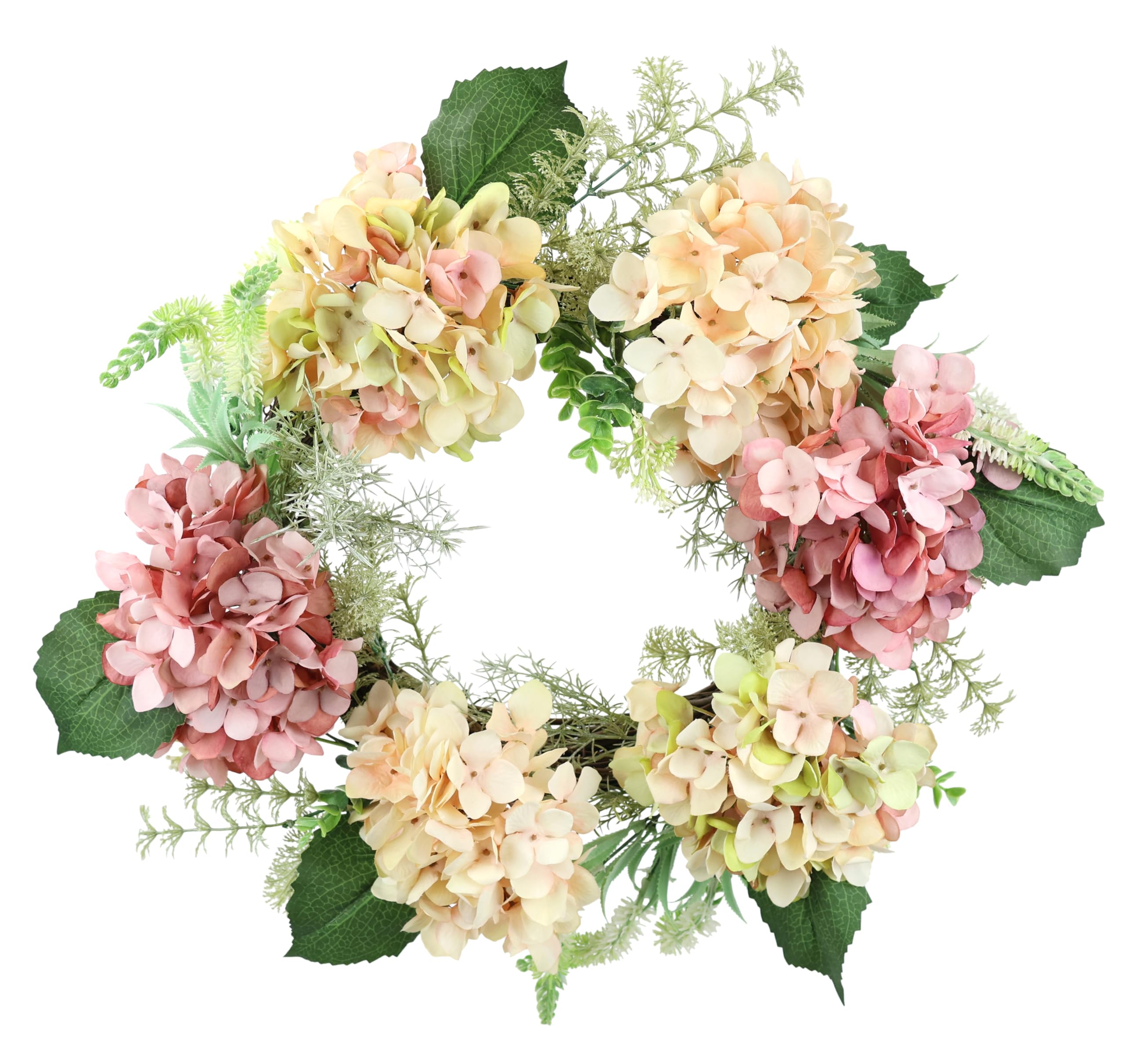 Rattankranz mit künstlichen Hortensien Hortensienblüten Blüten Blumen Kunstblumenkranz Deko Wandkranz Türkranz zum Aufhängen Legen Blütenkranz Landhaus Kranz Haustür-Dekoration Hochzeit Dekoration