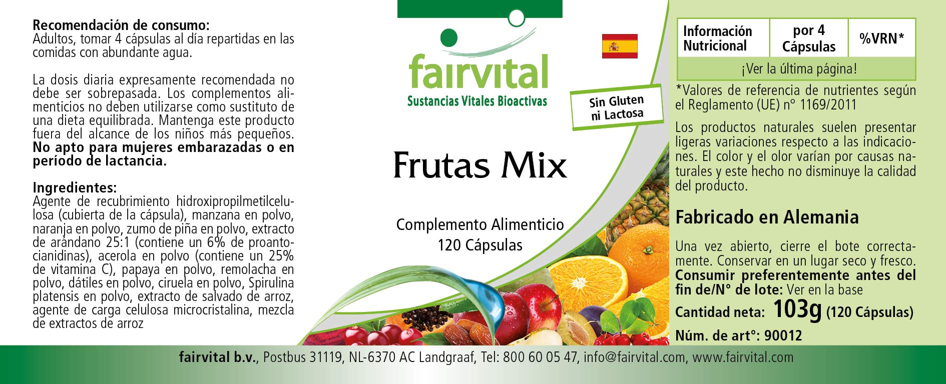 fairvital Mix di frutta, 120 capsule, ALTO DOSAGGIO, VEGANO, polvere multivitaminica naturale alla frutta, con estratto di mirtillo rosso, acerola, spirulina e molto altro