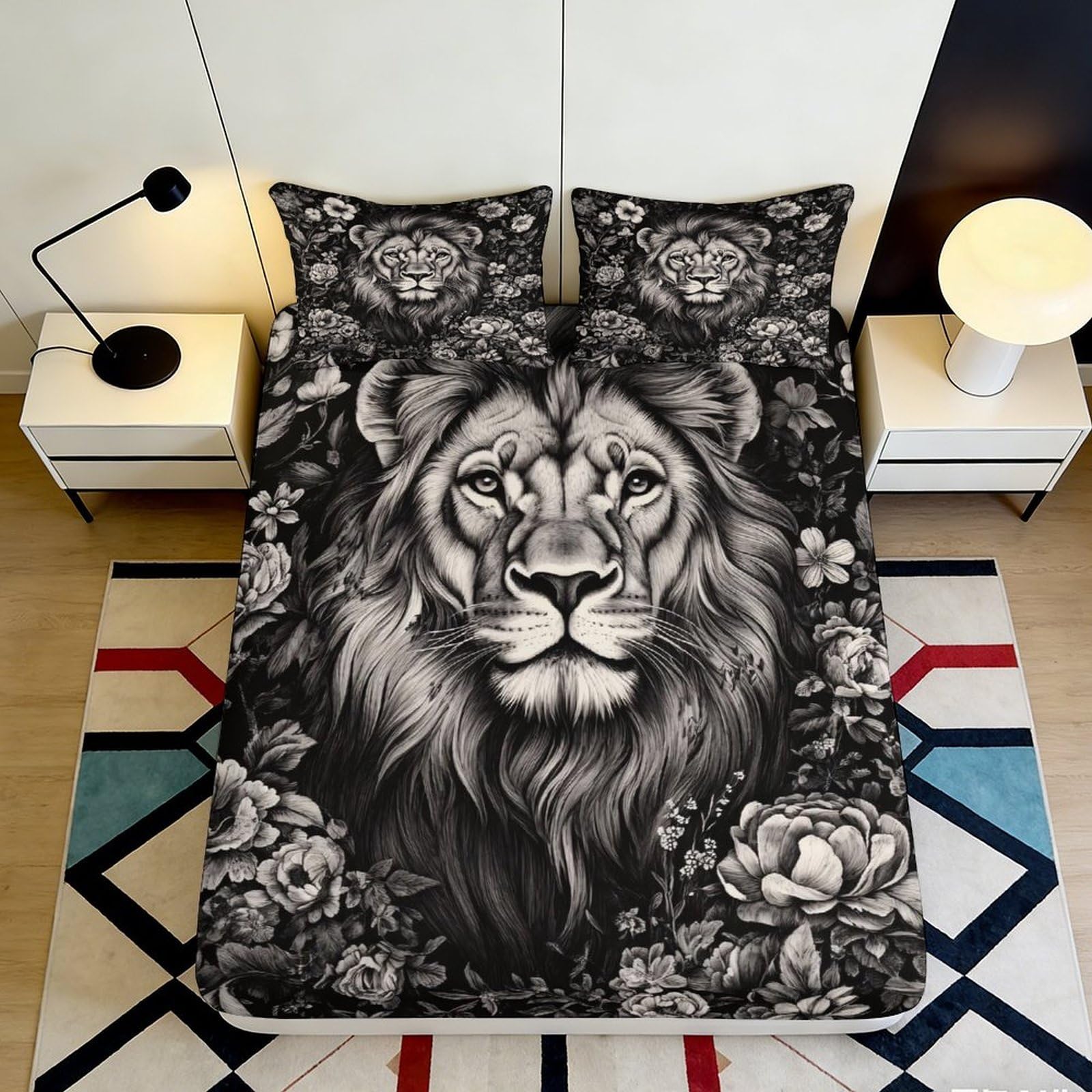 3D Printed Lion Floral Fitted Sheet Microfiber Soft Mattress Cover for Bedroom Guest Room Dorm Bed Decor Washable 90x200x25cm