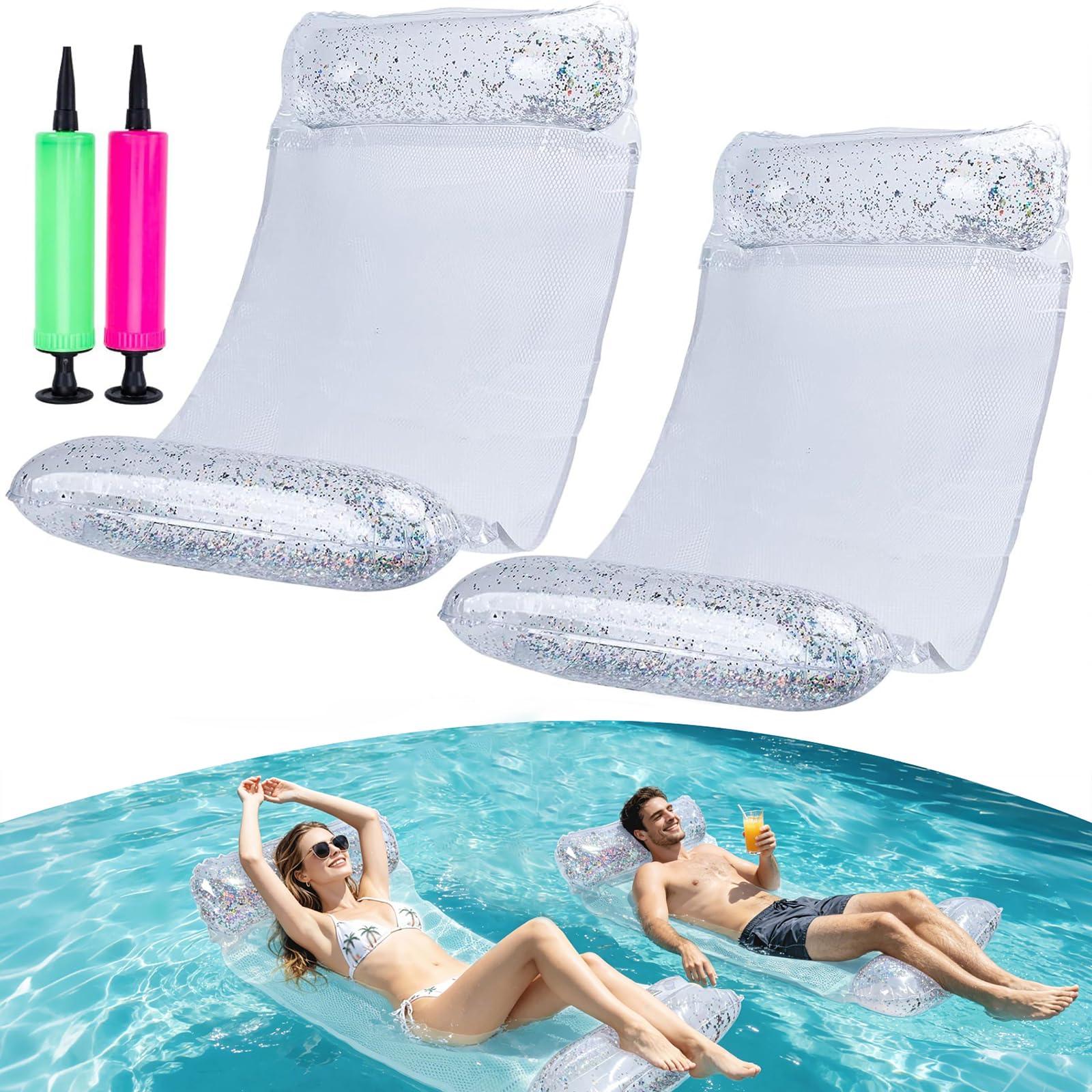 CYFIE 2 Stück Wasserhängematte Erwachsene, 4 in 1 Wasser Hängematte, Aufblasbares Pool Wasserhängematte mit Luftpumpe, Wasserhängematte mit Netz für Schwimmbäder Strände Partys