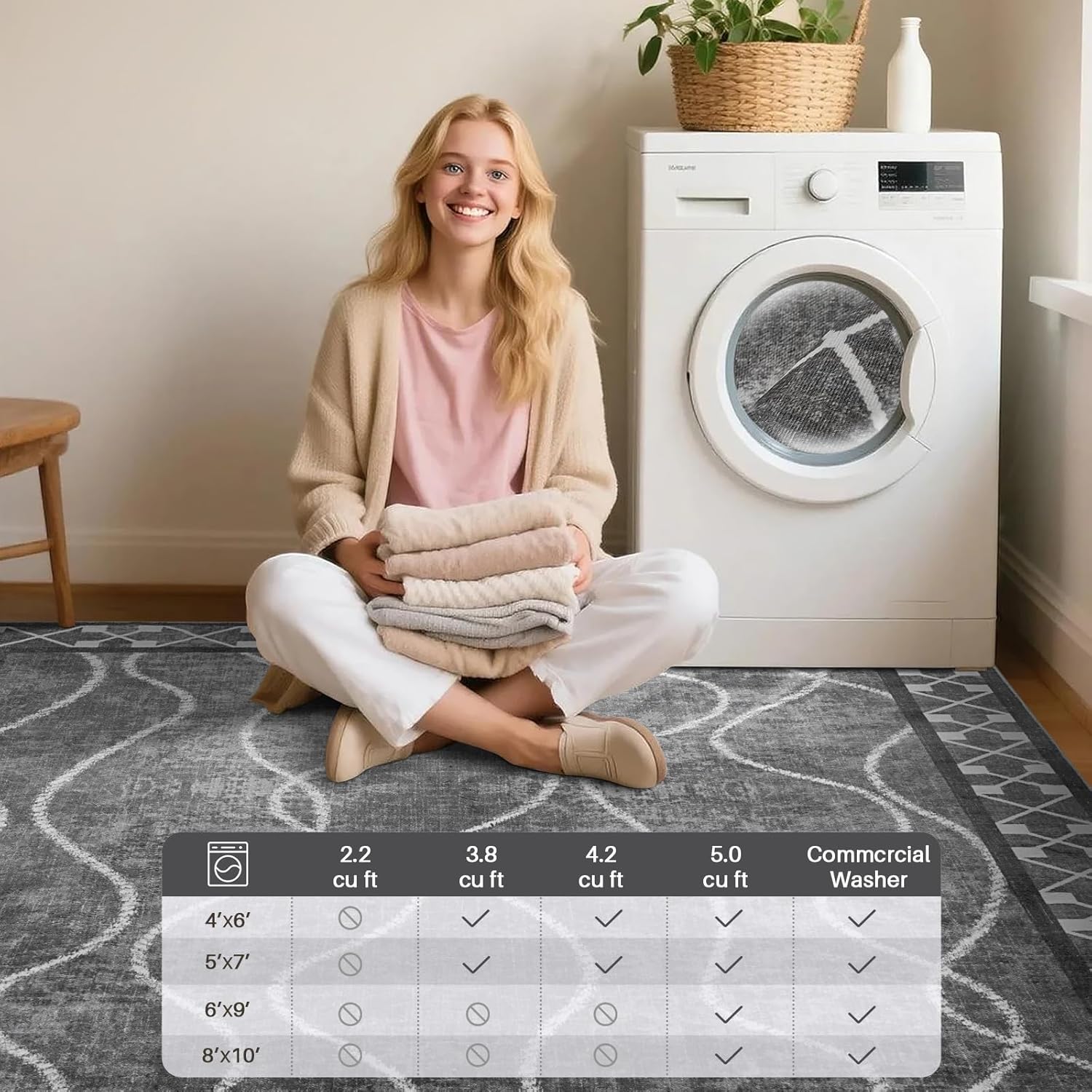 Washable Area Rugs 8x10, Non-Slip Rugs for Living Room Bedroom, Low Pile Large Soft Alfombras, Modern Bordered Home Floor Rugs for Kids Playroom Office Dining Room Farmhouse, Dark Grey - Image 9