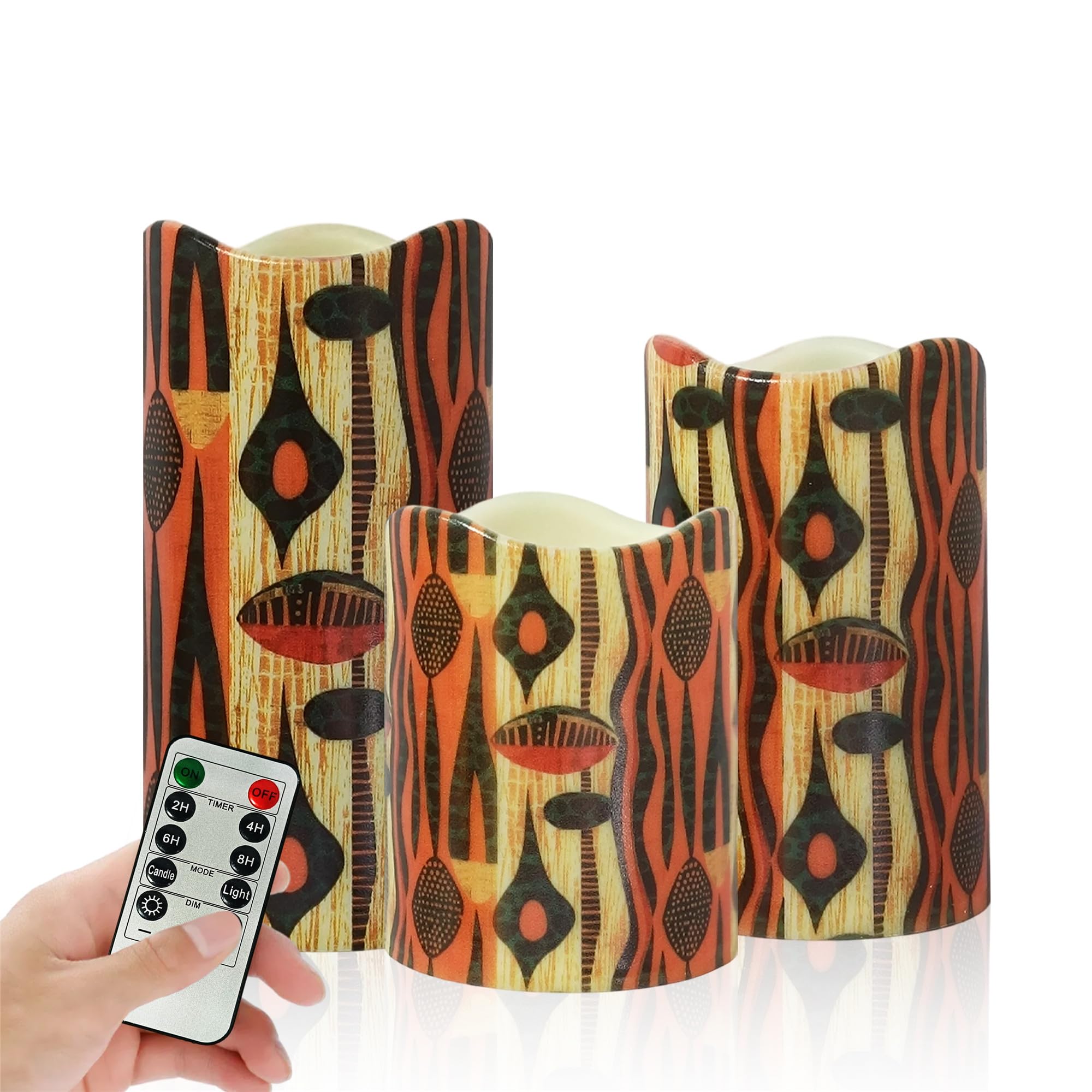 Remote Flameless Candles-Set of 3 African Tribe Design LED Pillar Candles Battery Operated Candle with Timer, 4" 5" 6" for Home Table Decor