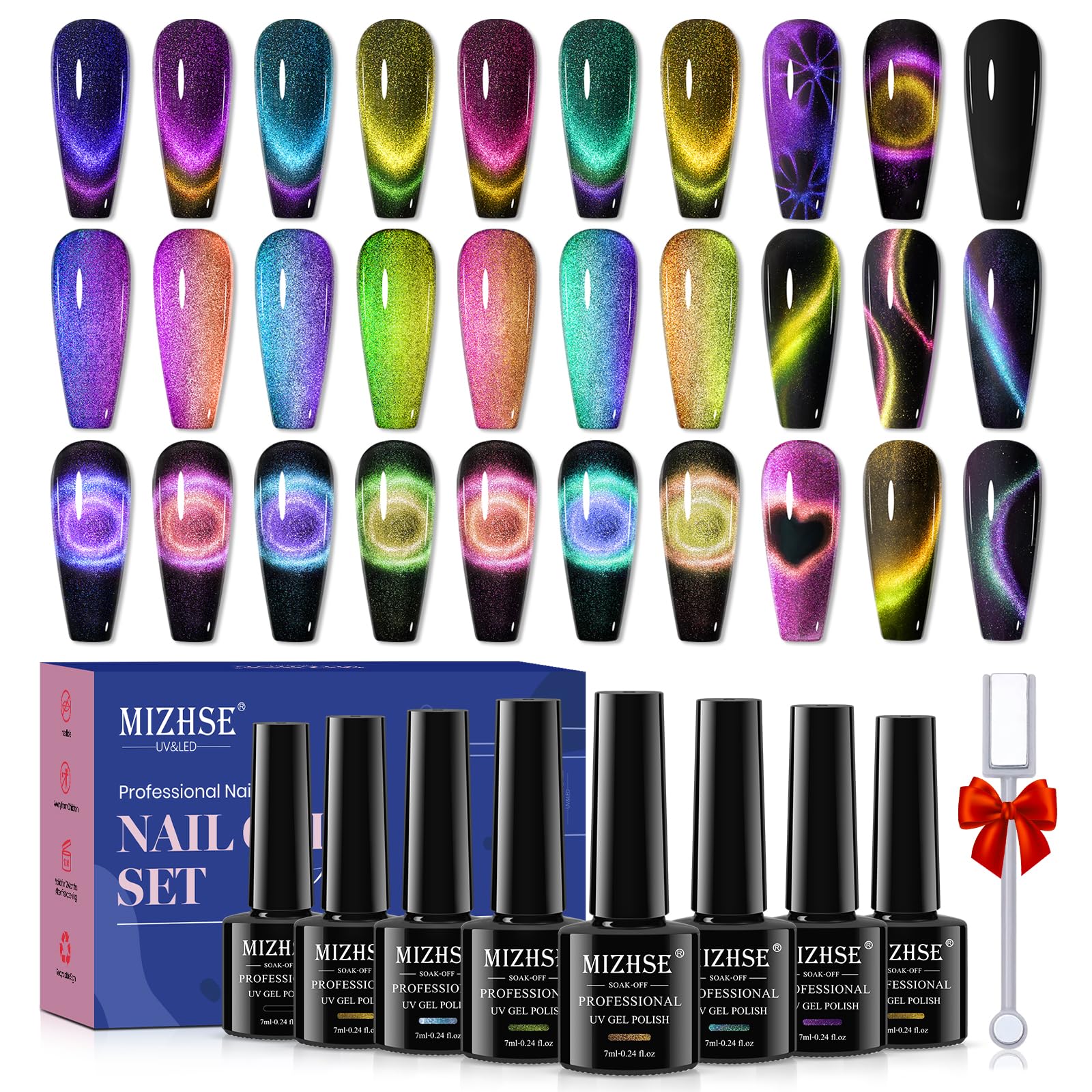 MIZHSE 8 Colors 9D Cat Eye Gel Nail Polish, Upgraded Magnetic Gel Polish Kit with Magnet Stick, Galaxy Chameleon Effect Silk Cat Eye Nail Polish Soak Off Nail Art Salon Manicure Home Ladies Gift