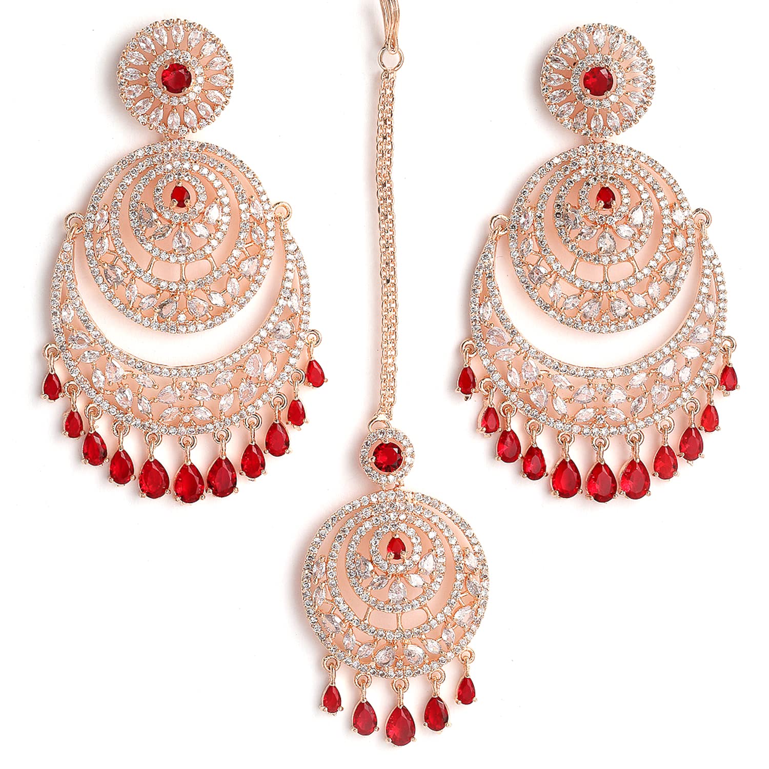 ZENEMERose Gold Plated American Diamond Studded Maang Tikka & Earrings Jewellery Set For Woment and Girl