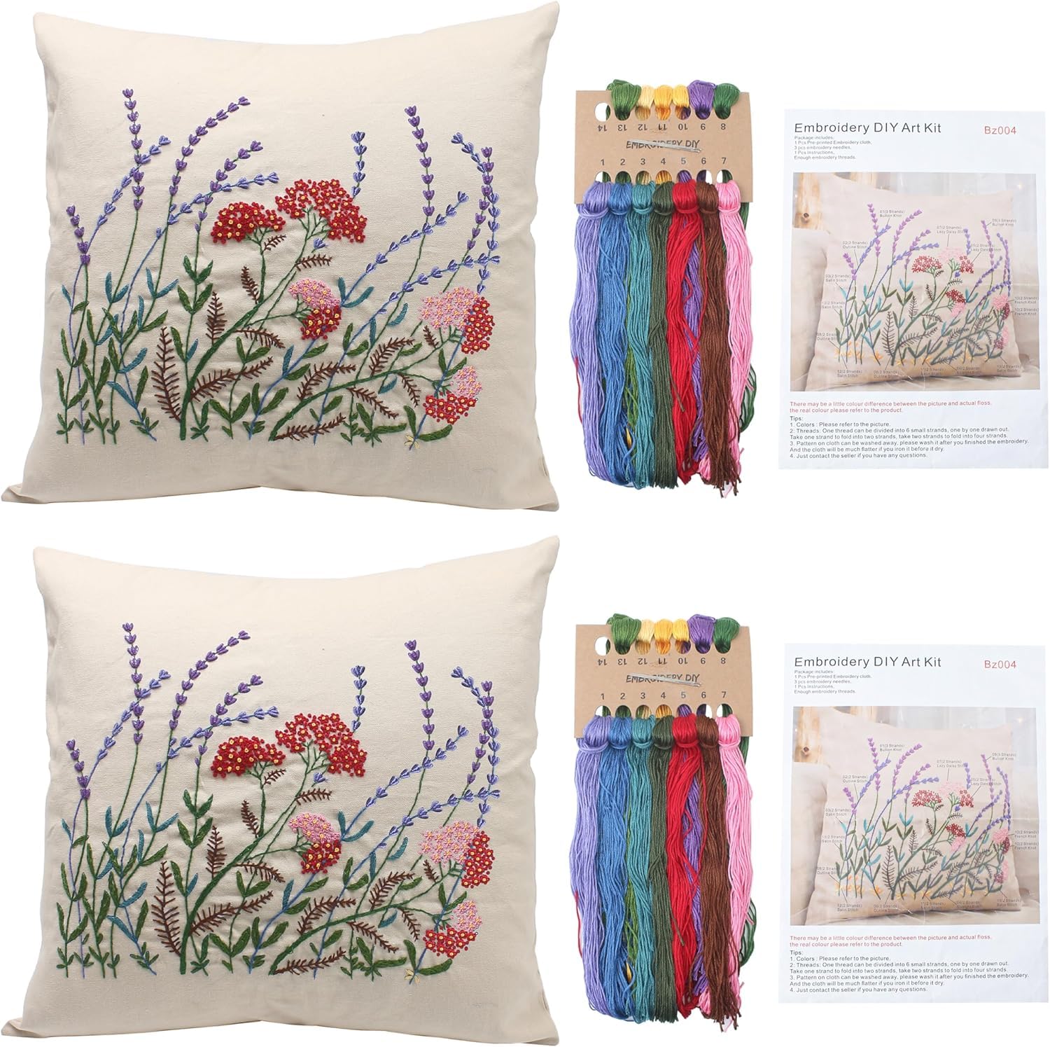 Marsrut 2 Set of Embroidery Pillow Kit Including Pillowcase Cushion Cover Case with Large Drawings and Zipper, Needles, Threads & Instruction Kits for Lace Crewel Craft (Red Flowers, No Pillow Core)-image-30