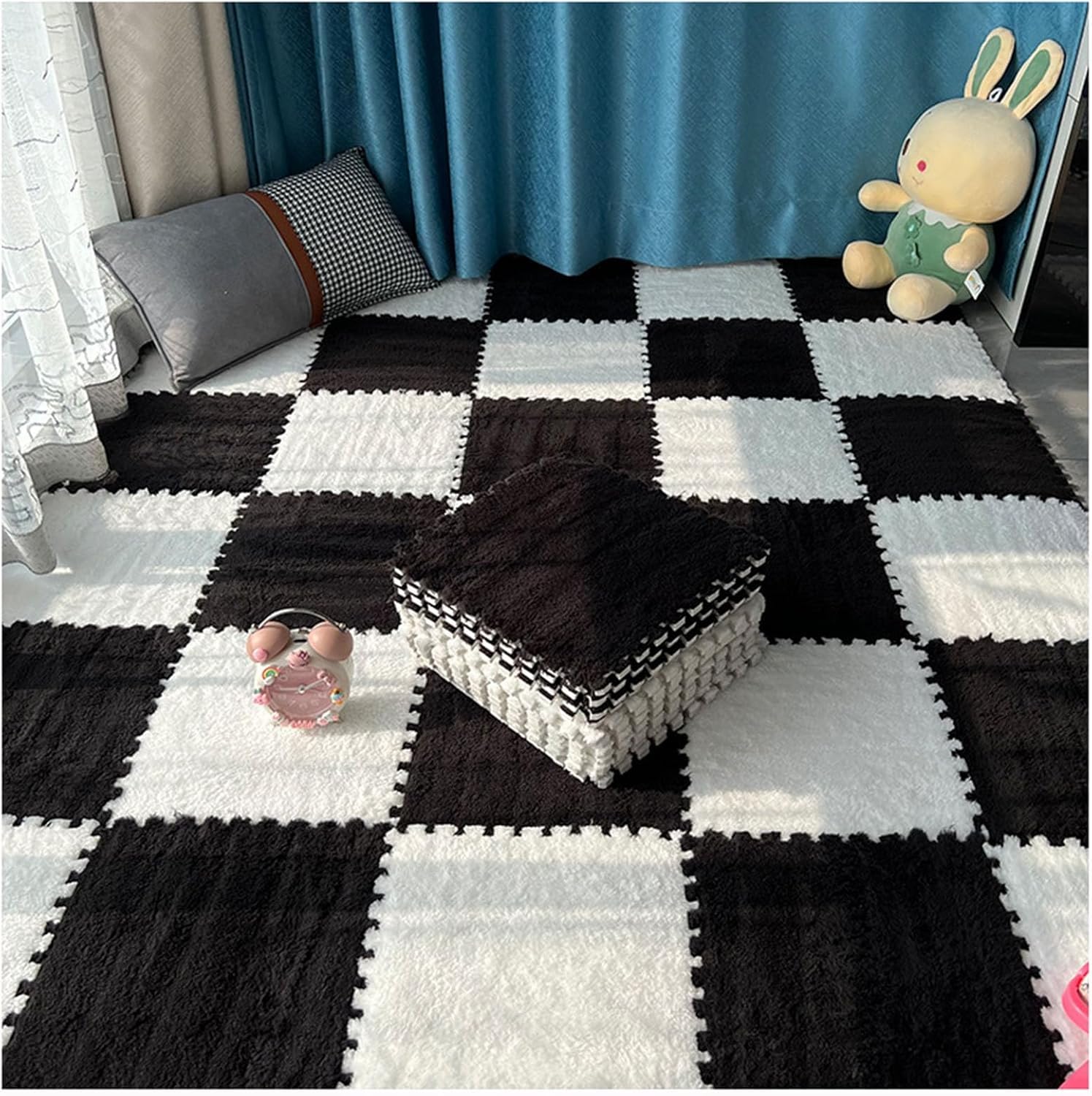 LNNNW Plush Piezas Alfombra Puzzle 16 Uds. Alfombras entrelazadas Suaves Antideslizantes, Alfombrilla de Felpa for Suelo, Adecuada for el hogar, Oficina, guardería, Gimnasio(White+Black,1cm)