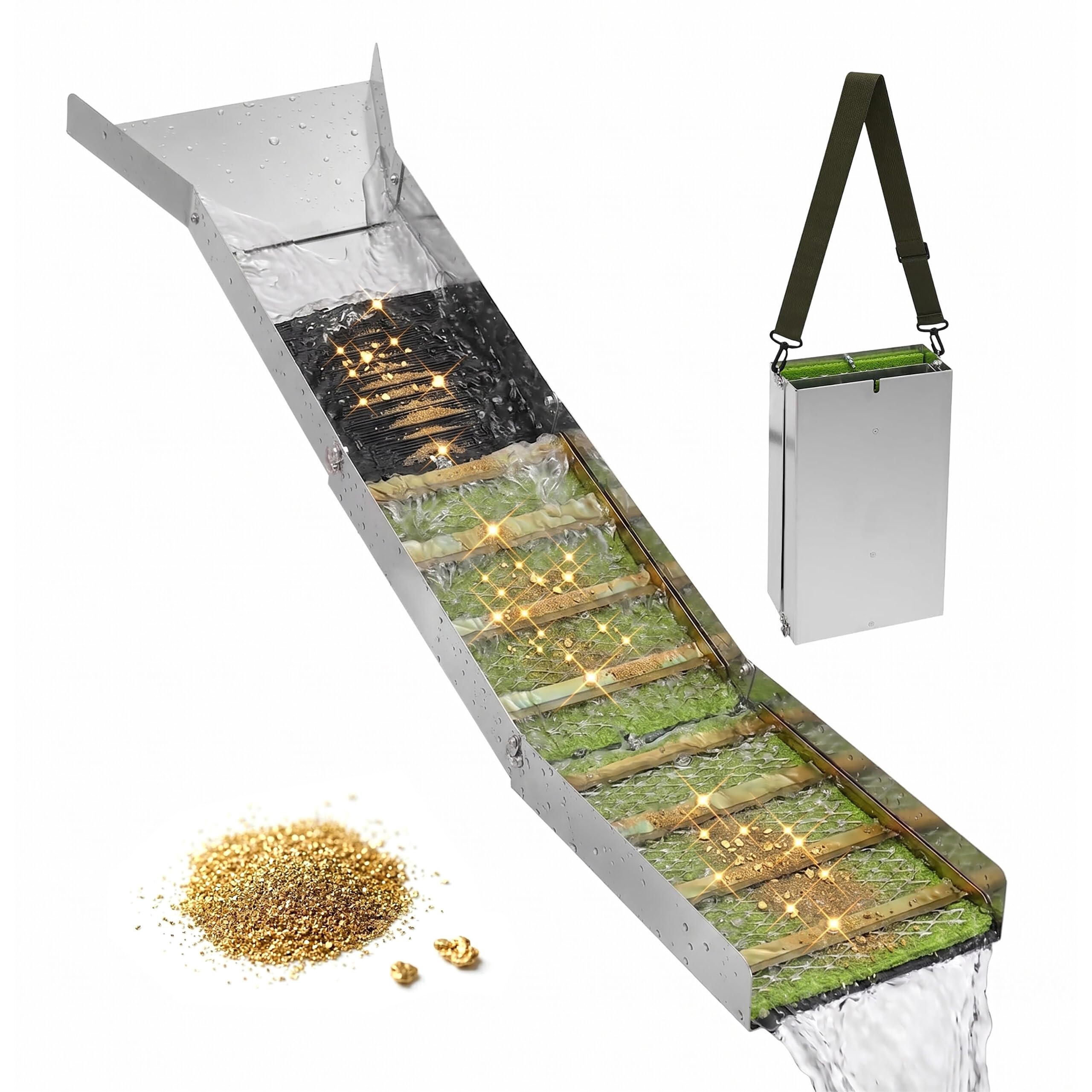 Relaxdays Goldwaschrinne – Faltbar, 6,5 x 35 x 127 cm, Aluminium, Nylon, Silber
