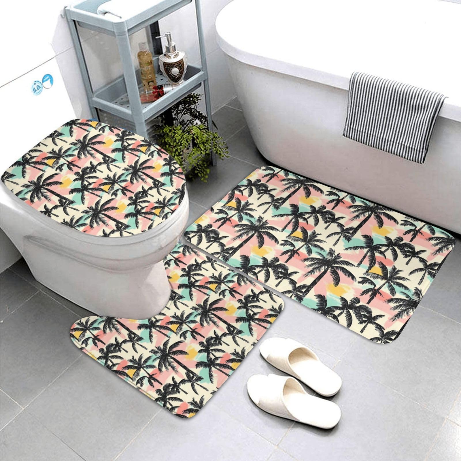 Tapis de salle de bain lavable en machine lot de 3 pièces antidérapant avec motif hawaïen