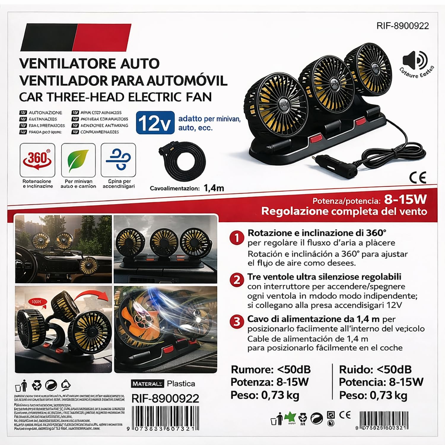 TIENDA EURASIA – Ventilador de Coche 12V Triple Cabezal con Rotación 360° | 2 Velocidades | Conexión a Toma 12V (Encendedor) | Cable 1,4 m | Negro | 32x11x16 cm