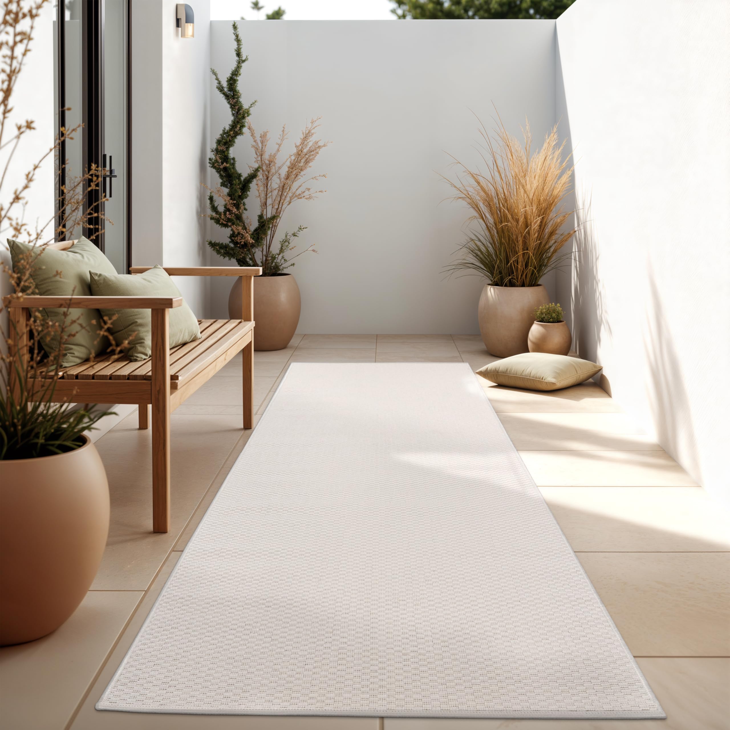 Paco Home Outdoor Rug Waterproof - Easy-Cleaning, UV- & Weather-Resistant Patio & Garden Area Rug for Porch, Kitchen & Hallway, Size:80x250 cm, Colour:Ivory