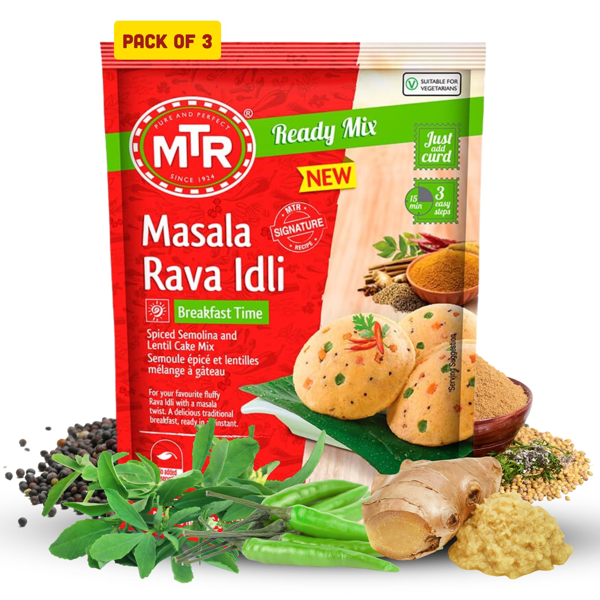 MTR Instant Masala Rava Idli Mix - Ready to Cook Authentic Indian Breakfast, Lunch, Dinner or Snack Meal - No Added Preservatives - A Quick & Easy Recipe Suitable for Vegetarians - (500g, Pack of 3)