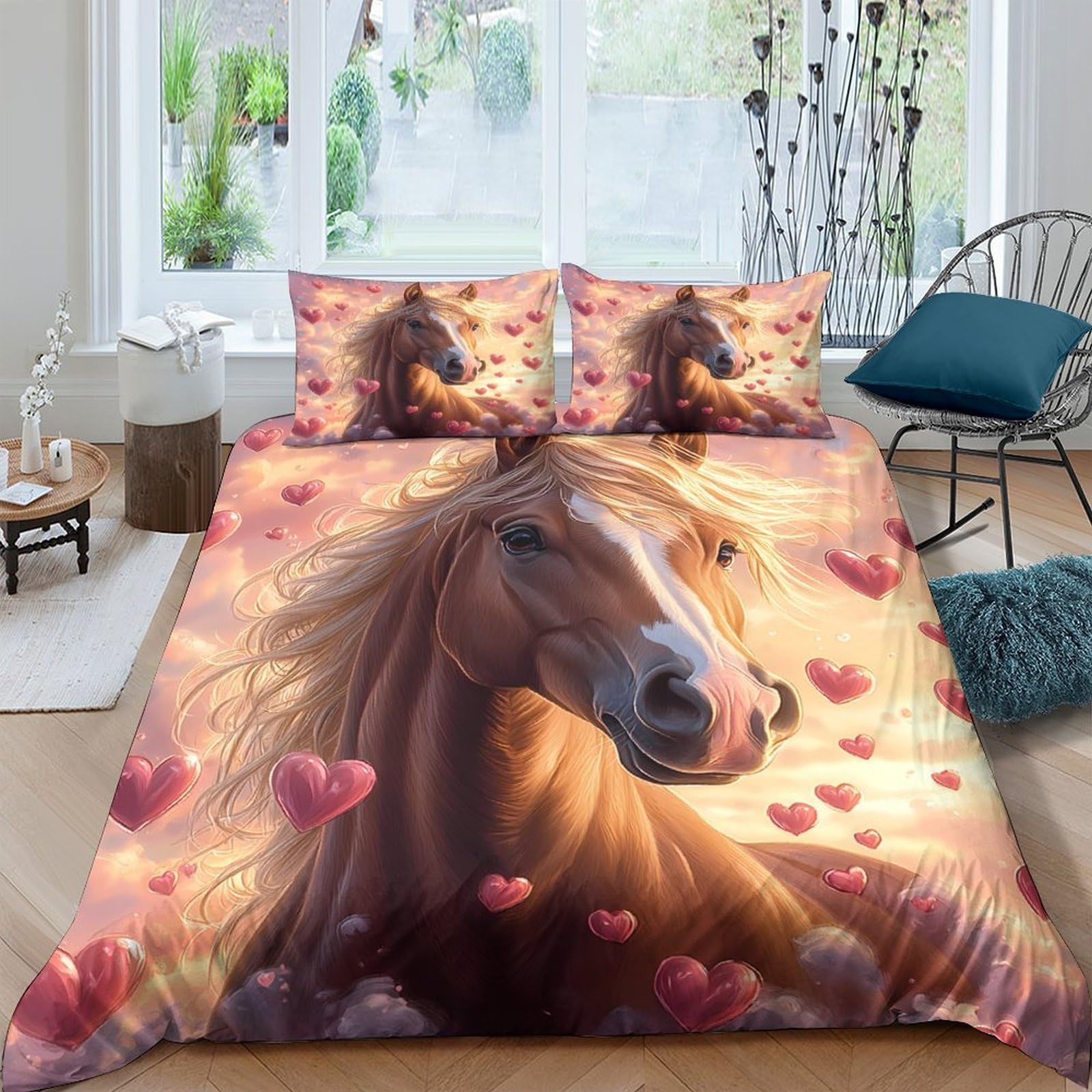 GPLZQXKJNH 3D Printed Horse Heart Duvet Cover Microfiber Soft Breathable Sunset Bedding Set with 2 Pillowcases for Bedroom Decor Single（135x200cm）