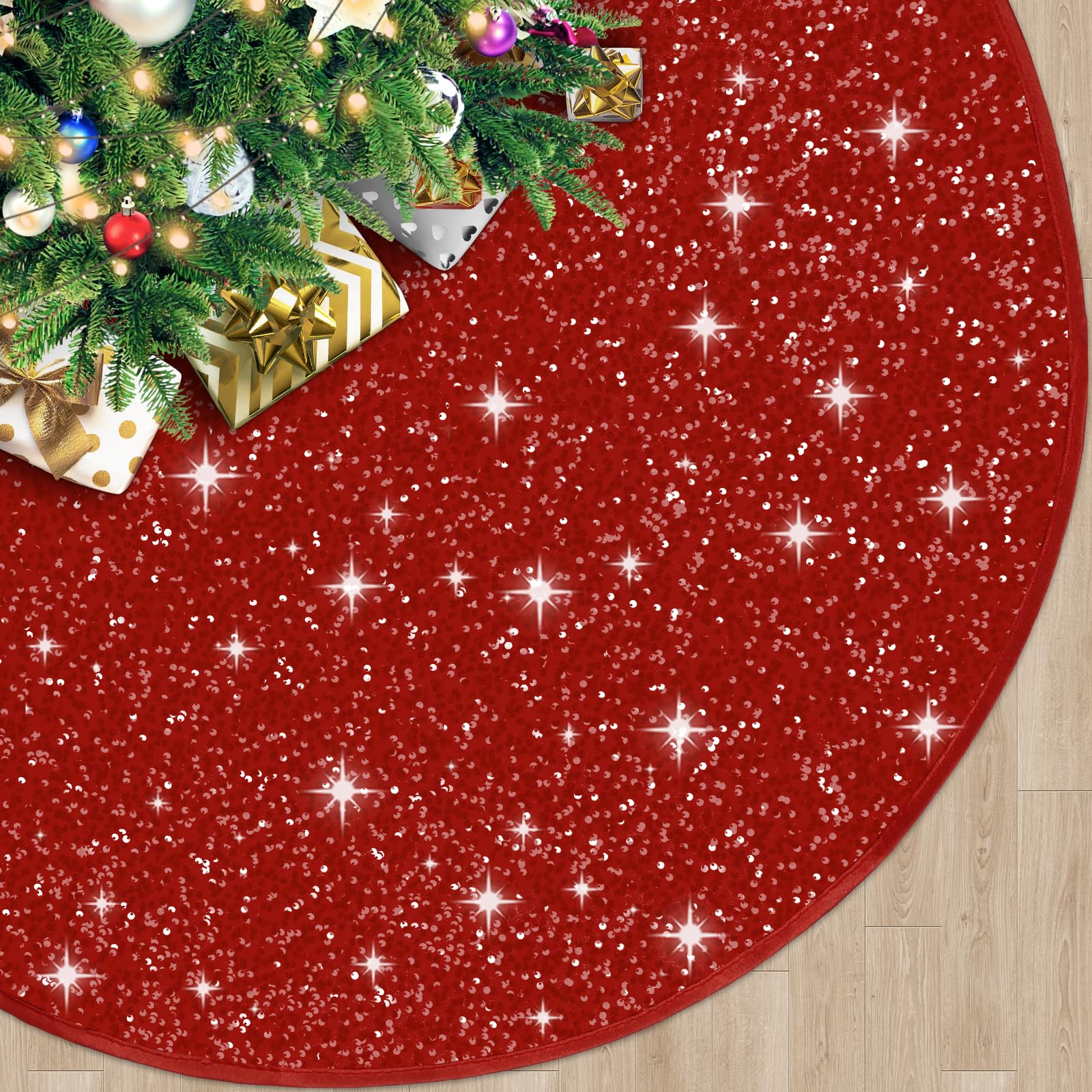 BlessedSeason Christmas Tree Skirt, 21 Inch Red Tree Skirt Satin Skirt with Small Sequins, Small Tree Skirt for 3 4 5ft Tree, Christmas Tree Decoration