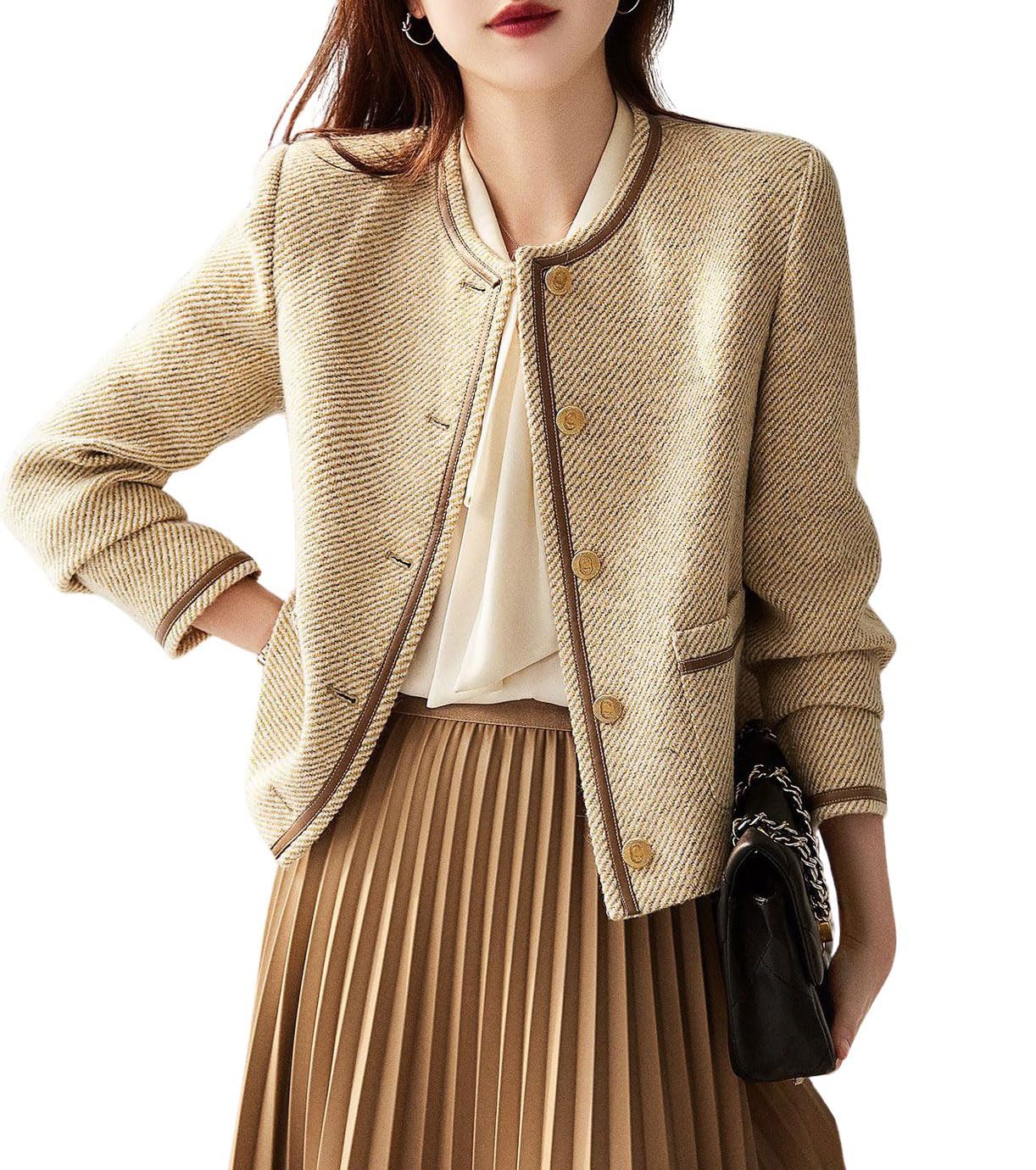 chouyatou Womens Vintage Striped Collarless Tweed Jacket Button Down Business Casual Cropped Blazer Jacket
