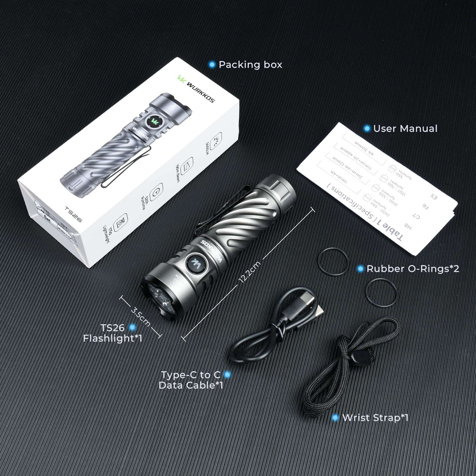 Wurkkos TS26 3470lm Linterna LED Recargable, IPX8, USB-C | Batería 5000mAh, alcance 194m, Anduril UI, cuerpo de aluminio aeronáutico, ideal para camping y emergencias
