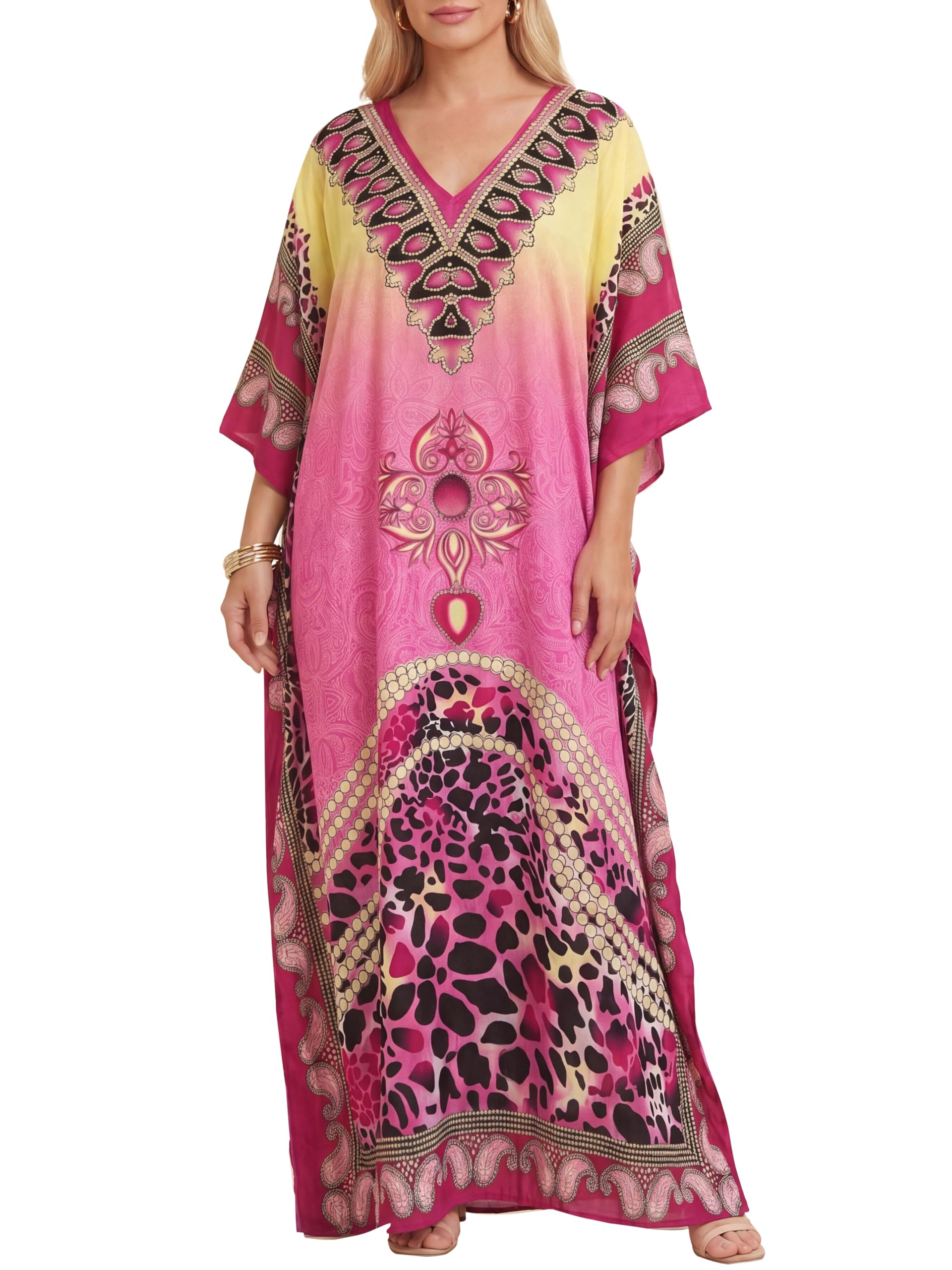 Love My Fashions® Women's Moroccan Kaftans Paisley Print Tunic Long Summer Dress Loungewear Swim Cover Up Beachwear Sundress Casual Nightwear Pink