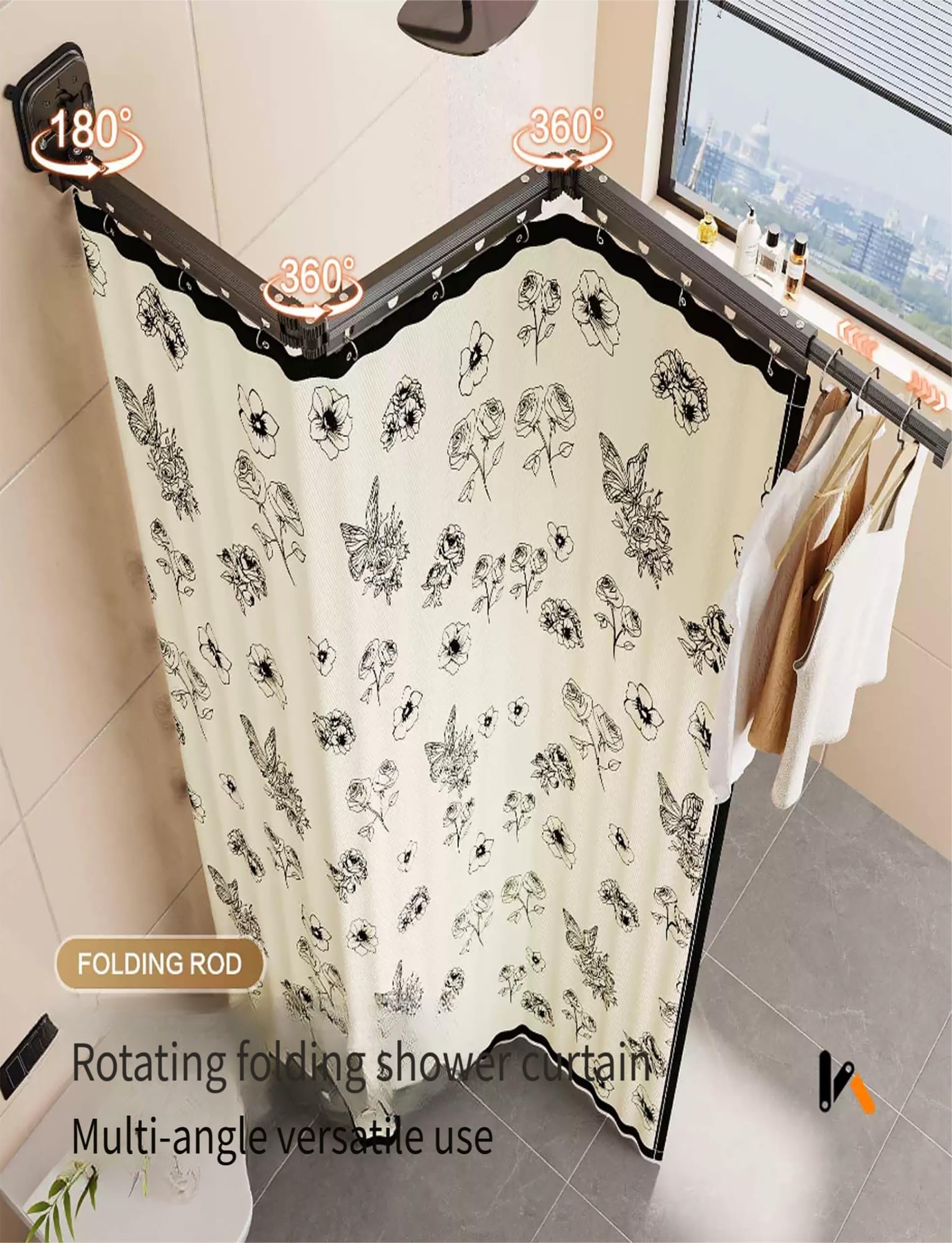 Ensemble Rideau de Douche Mural Pliable, Rideau en Lin Ajustable avec Ventouse pour Salle de Bain, Baignoire, Cuisine, Magasin de vêtements