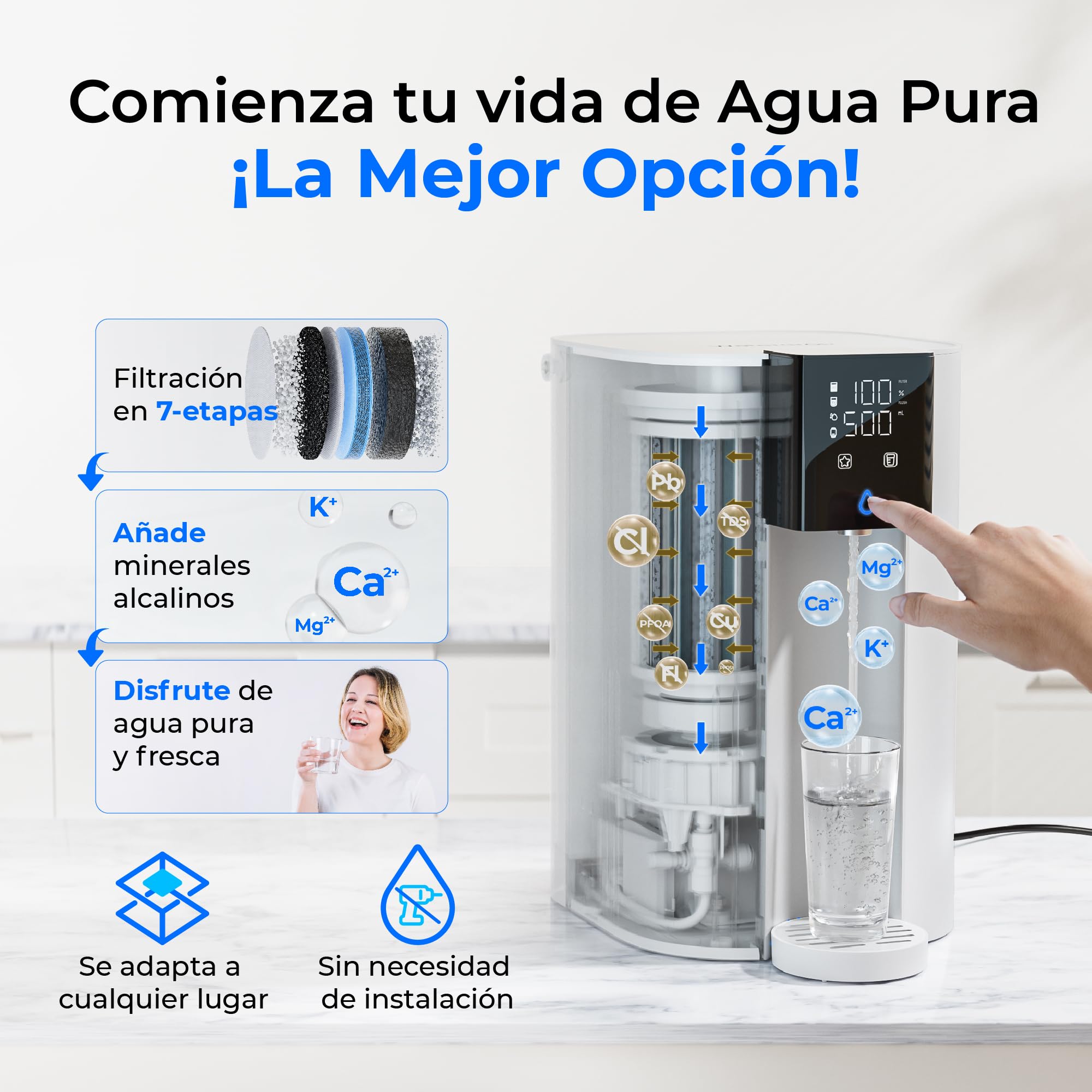 [Minerales Alcalinos] Waterdrop CoreRO Sistema de Ósmosis Inversa, Certificado NSF/ANSI 58 y 372, Filtro RO de Encimera de 7 Etapas, sin Instalación, Reduce PFAS, Libre de BPA, WD-C1SL
