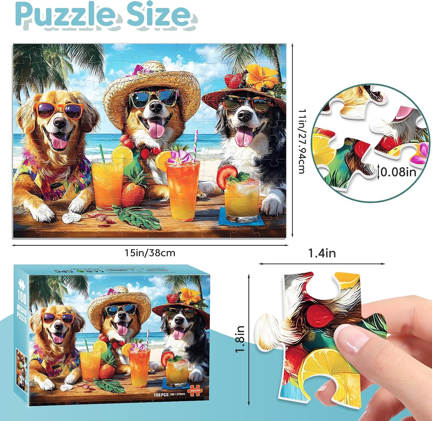 100 Piece Puzzles for Kids Ages 6-8, Dogs Summer Sips Jigsaw Puzzle, Educational Puzzle for Kids & Adults, 100 Piece Puzzles for Adults Large Piece for Seniors 15x11 in image 3