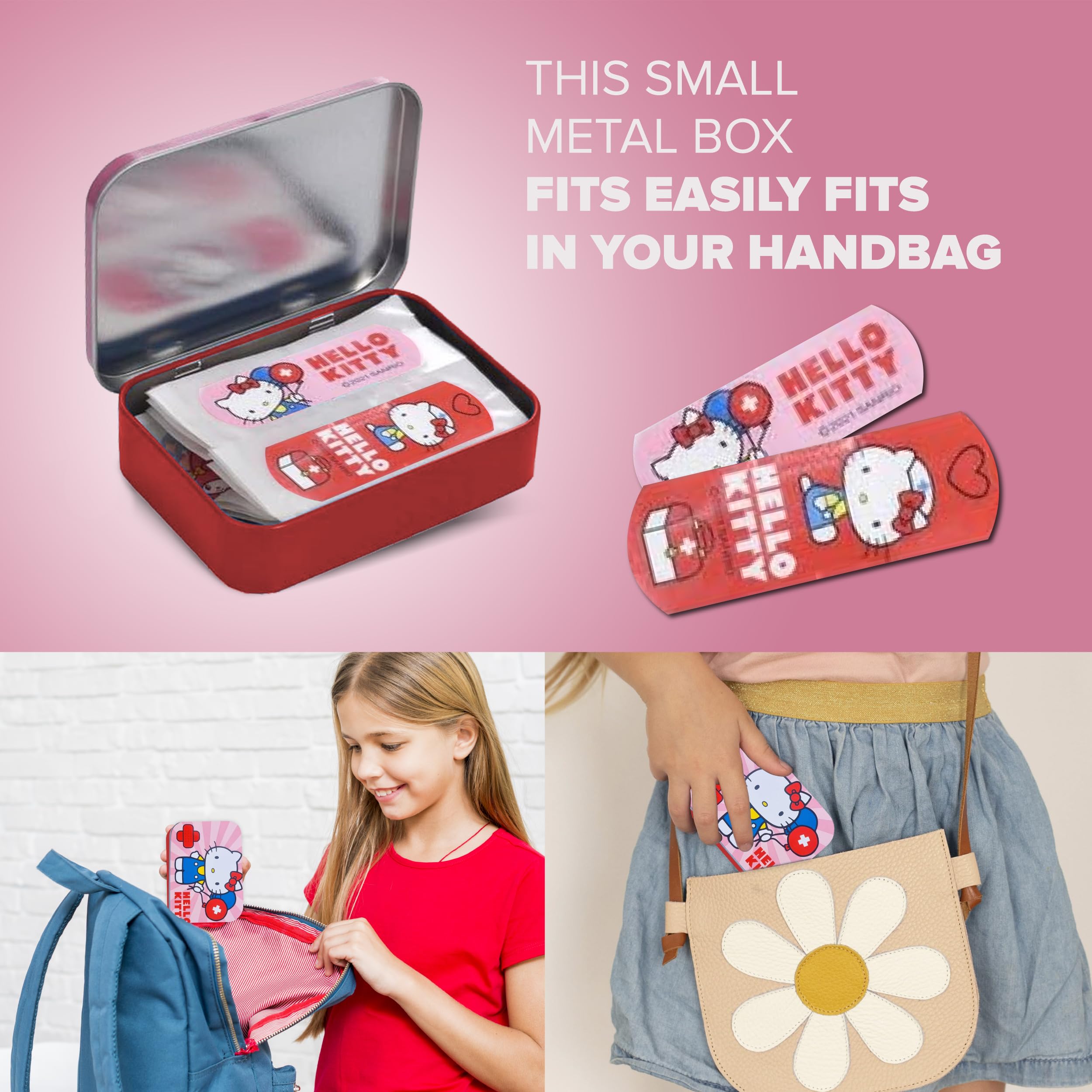 Hello Kitty różowe plastry dla dzieci, licencjonowany produkt, 12 sztuk, metalowe pudełko, 24 plastry, piękne wzornictwo, pudełko do przechowywania dla dzieci, nadają się do plecaka, torebki