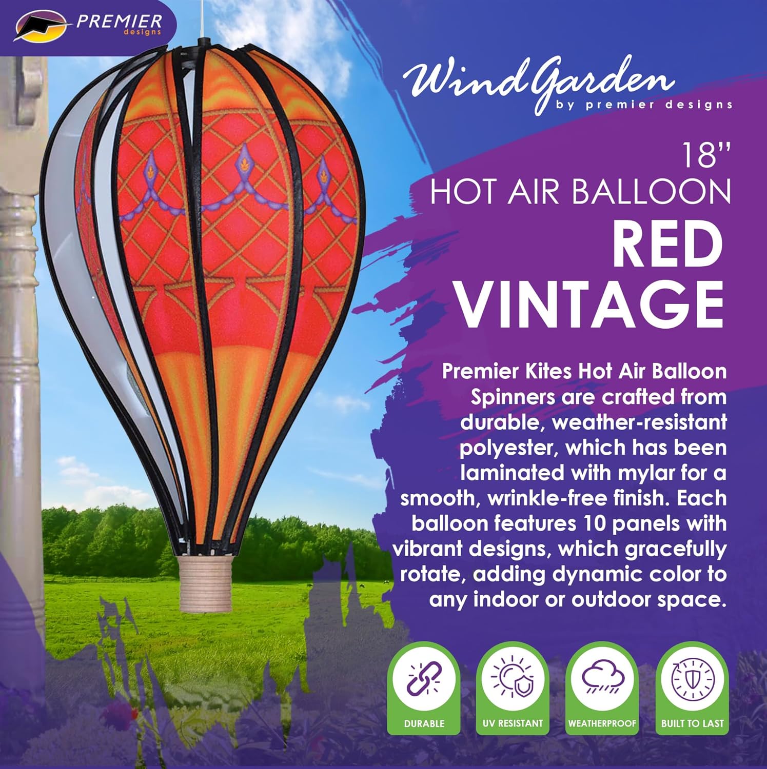 Hot Air Balloon Hanging Garden Spinner 18" - Striking Red Vintage Design, Weather-Resistant Outdoor Decor, Durable & Lightweight for Patios, Yards, and Gardens - Eye-Catching Wind Spinner