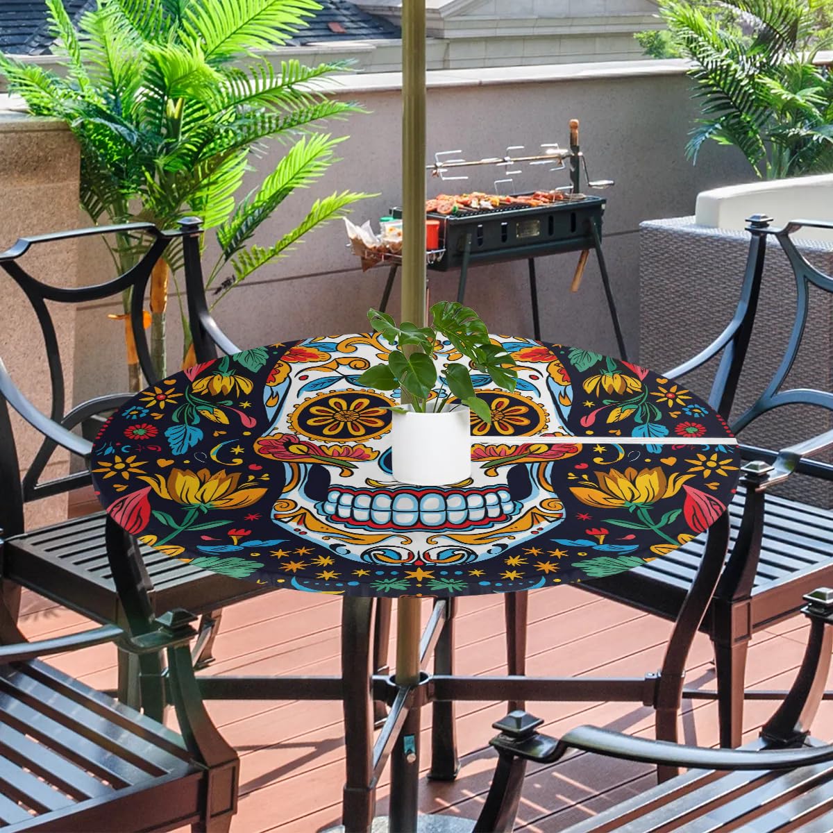 Tablerazzi Sugar Skull Mexican Round Outdoor Tablecloth with Umbrella Hole and Zipper Day of The Dead Halloween Fitted Tablecloth Wipeable Table Cover for Picnic Garden, 36''-44''