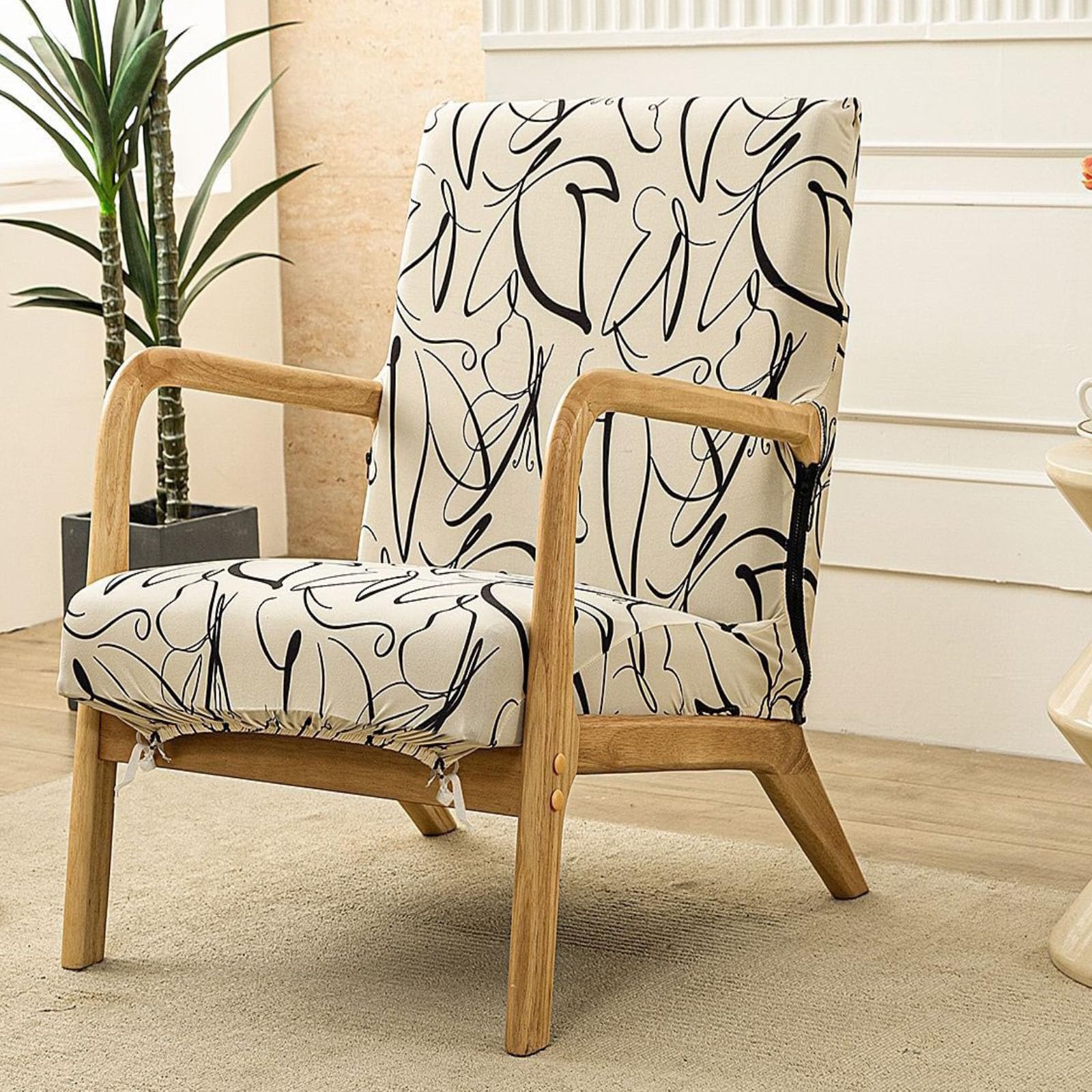 FANSU Stretch Arm Chair Covers for Mid Century Modern Upholstered Protector, 1 Seater Accent Chair Cover with Zipper Wooden Armchair Slipcover Elastic Furniture Protector, Nordic Plants (Graffiti)