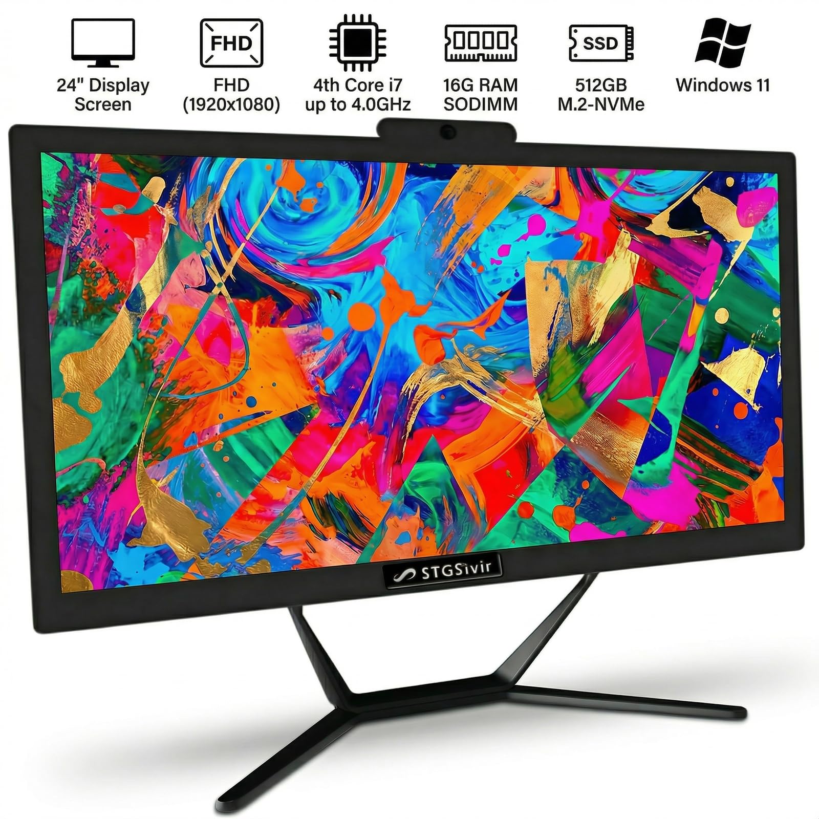 STGSivir PC All in One, Display FHD da 24", Core i7, 16G RAM, 512G SSD | All in One PC, WiFi, BT 5.0, Webcam, Win11 Pro, Nero, AIO per Casa e Ufficio