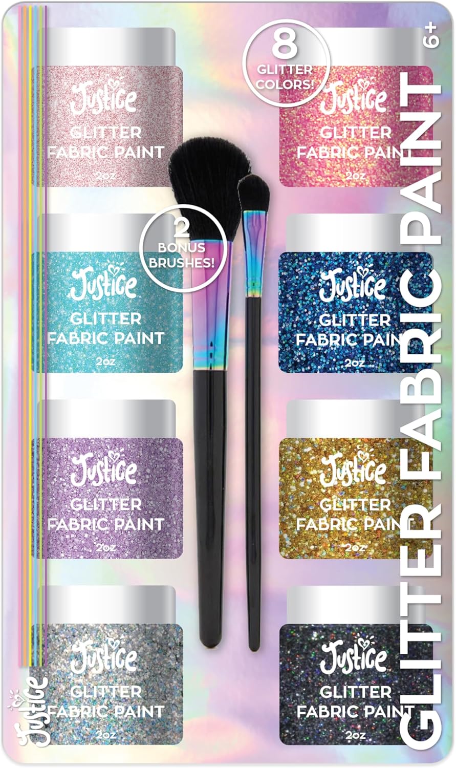 Justice Glitter Fabric Paint Set, Girls DIY Arts & Crafts Kit with 2 Paint Brushes, Set of 8 Colors, For Kids Age 6+ Justice Glitter Fabric Paint Set, Girls DIY Arts & Crafts Kit with 2 Paint Brushes, Set of 8 Colors, For Kids Age 6+