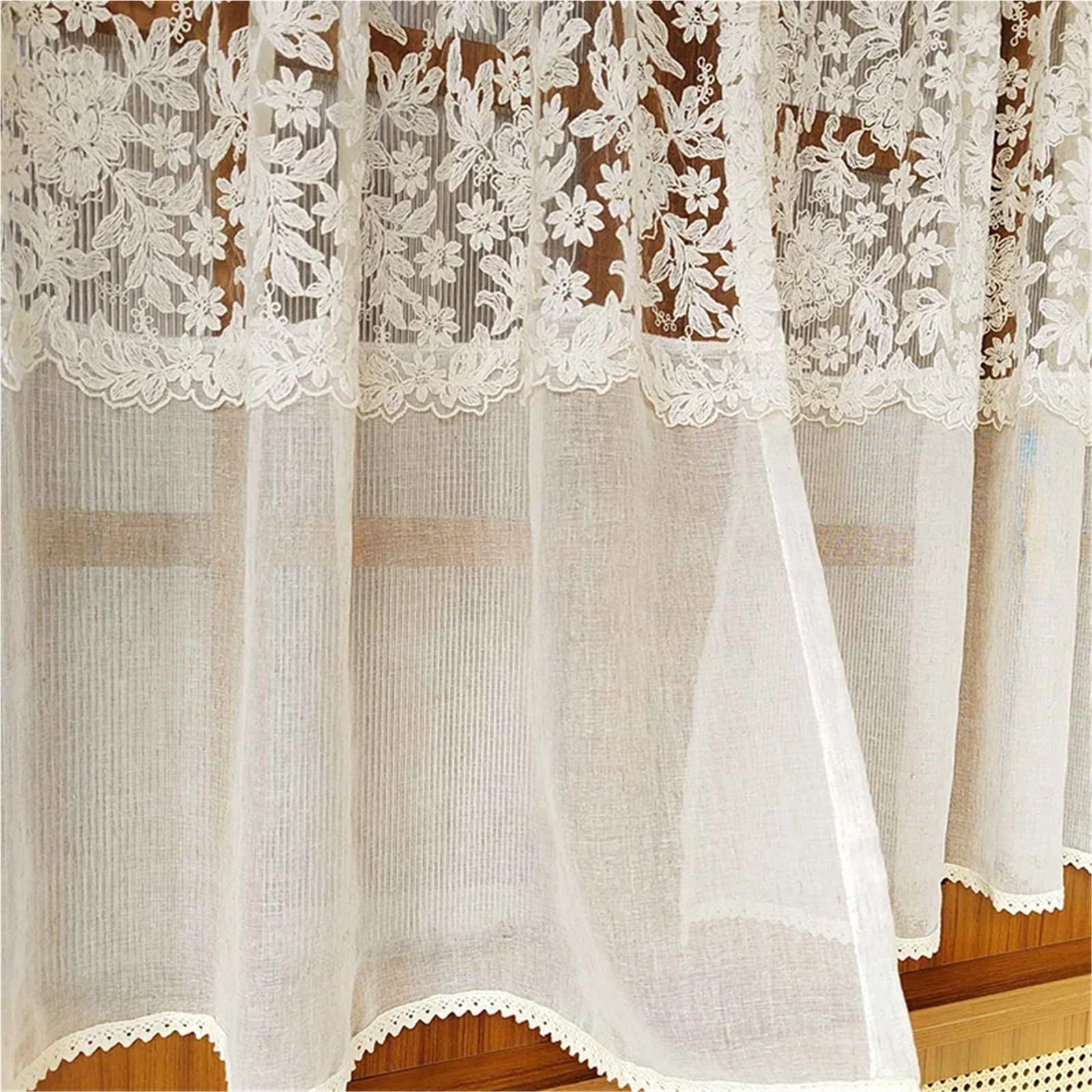 Tende Per Finestre Piccole Tenda corta trasparente con ricamo floreale romantico, in pizzo beige retrò, for soggiorno, camera da letto, mobile cucina(W100 x H90cm 1Piece)