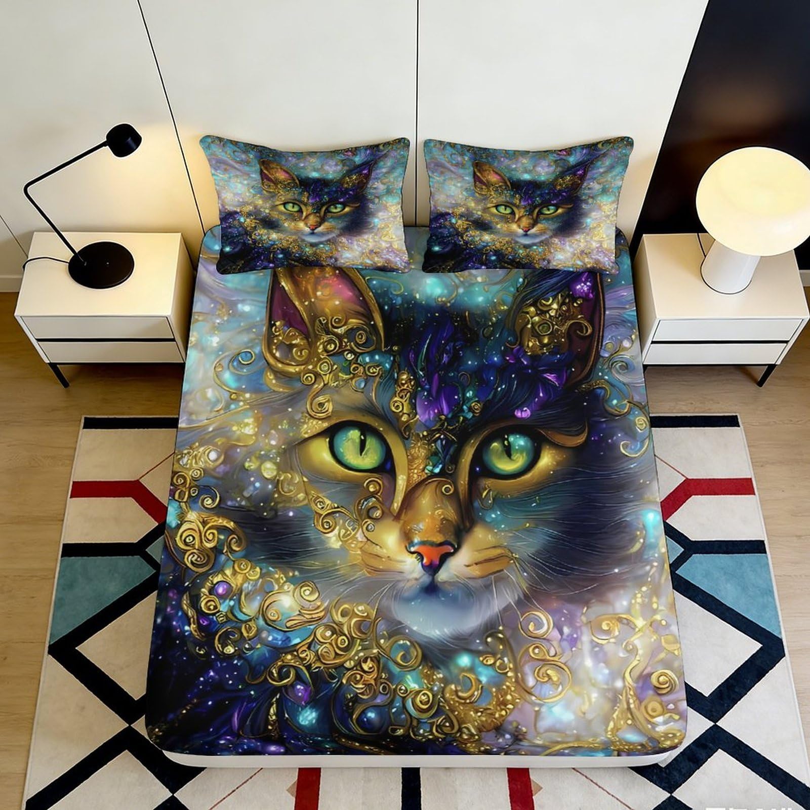 3D Printed Fantasy Cat Art Fitted Sheet Microfiber Soft Non-slip Bed Sheet for Bedroom Guest Room Decor 90x200x25cm
