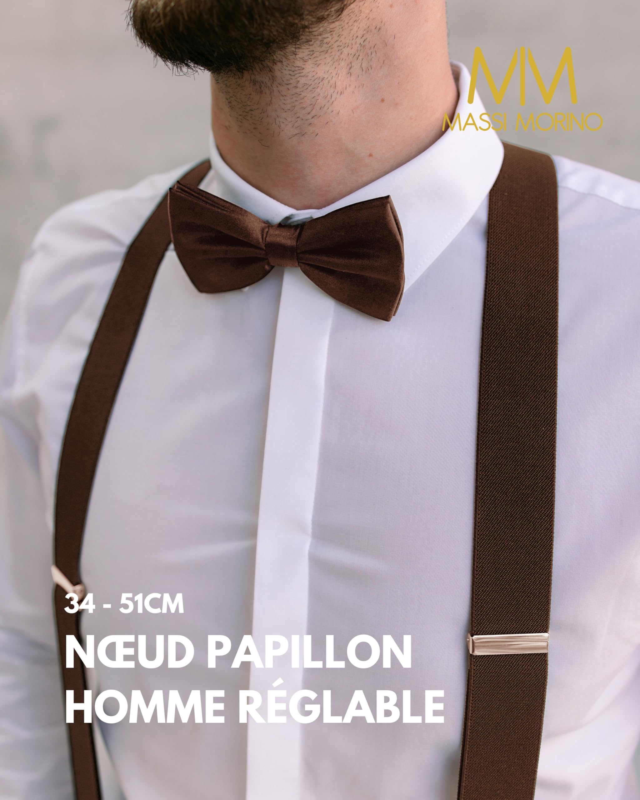 Massi Morino Bretelles avec noeud papillon Set pour hommes et femmes I Bretelles en Y élastiques avec clips extra forts - 3,5cm de large - longueur réglable I Cravate pré-attachée pour costume
