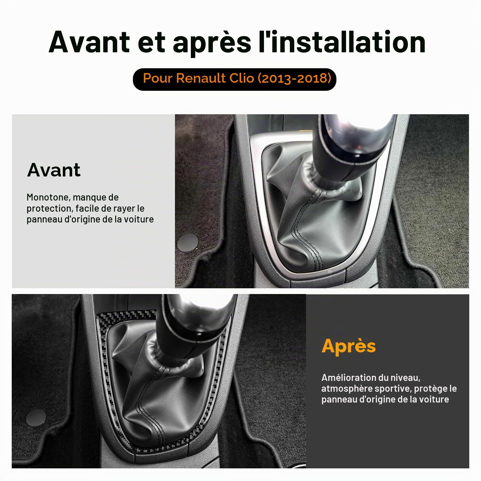KUNGKIC Pour Renault Clio 4 Mk4 IV 2013 2014 2015 2016 2017 2018 Accessoires Real Fibre de Carbone Voiture Centre Console Levier de Vitesse Vitesse Cadre Extérieur Panneau Autocollant Voiture Pièces