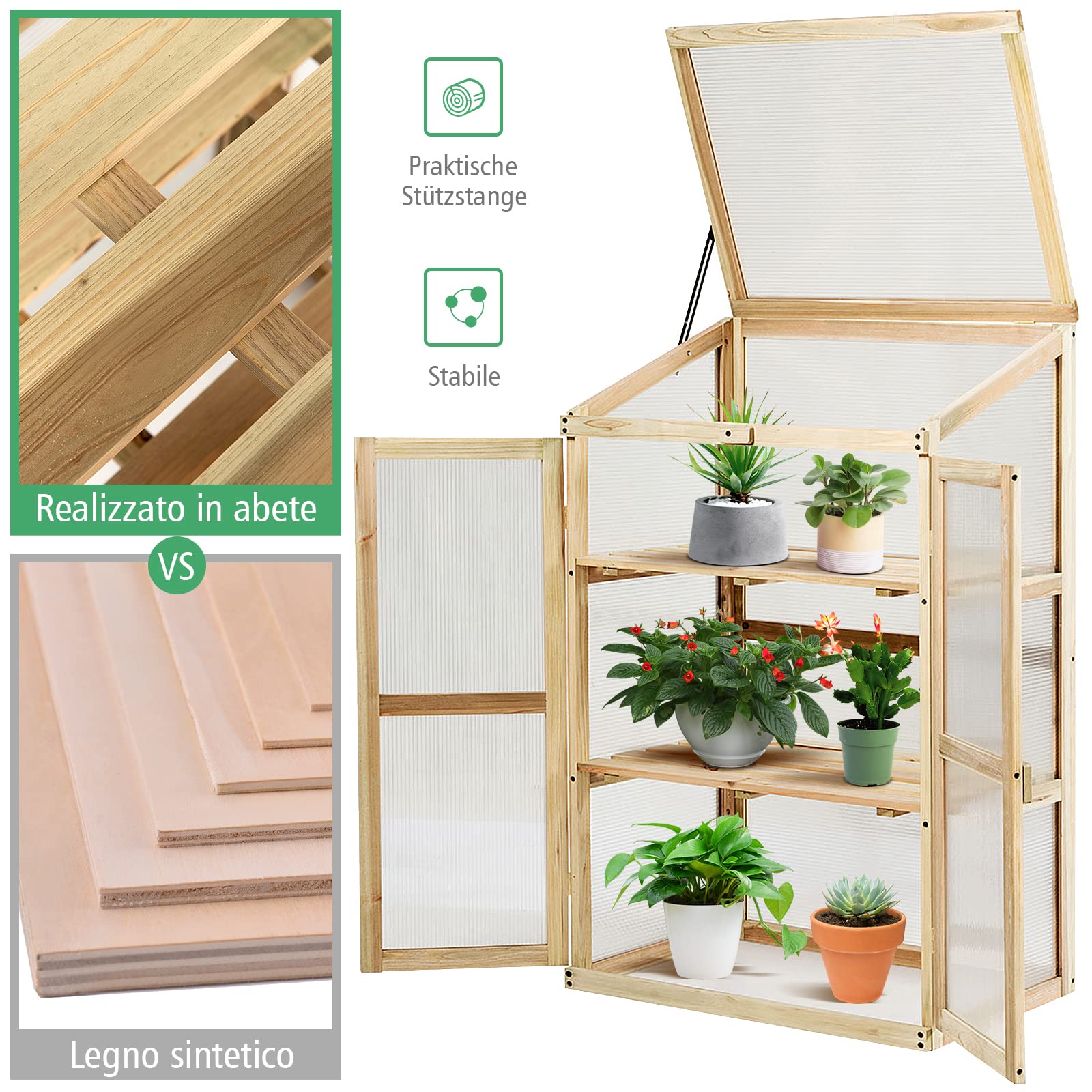 GYMAX Mini Serra Portapiante, in Legno e Policarbonato, Aiuola Trasparente a 3 Piani, Serra Vegetale, Coltivatore con Coperchio Apribile, Fioriera per Balcone, Giardino e Cortile, 60x45x100 cm