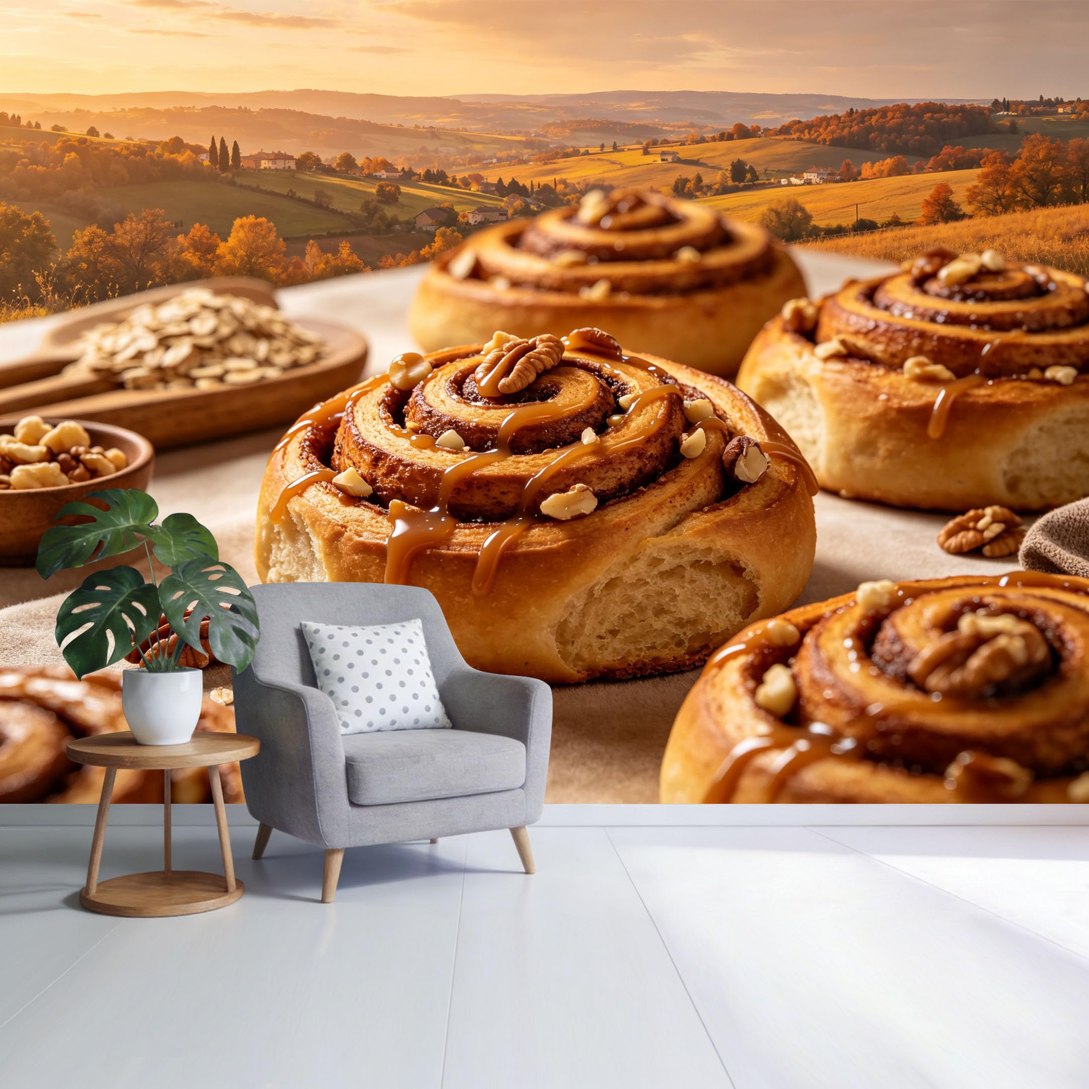 Custom Size Wall Mural Autumn Countryside Landscape with Cinnamon Rolls Pecans and Golden Sunset Warm Rustic Kitchen Scene SelfAdhesive Wall Fabric Removable Wallpaper for Home Office Decor
