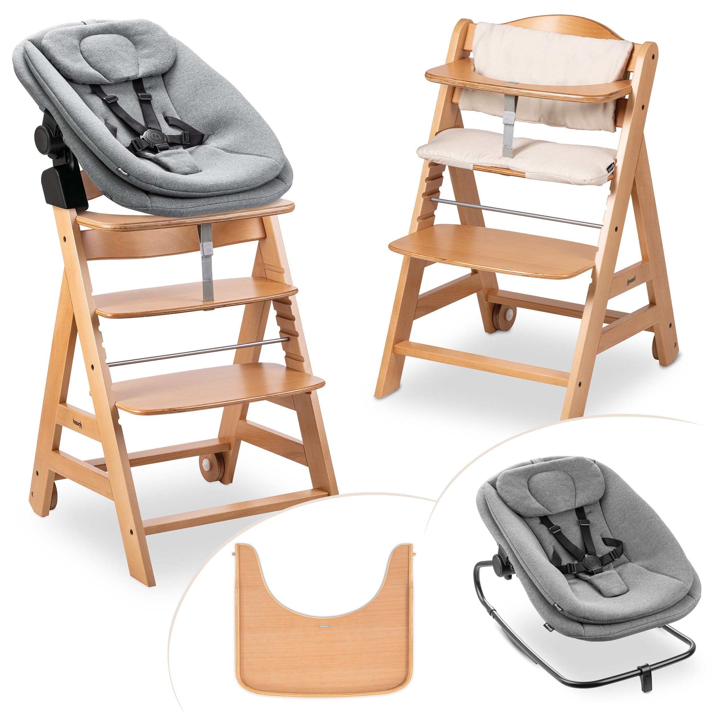 hauck Seggiolone Evolutivo Legno Beta + Newborn Set Highchair Bouncer 3in1 - Dalla Nascita Con Sdraietta Neonati Dondolo, Cuscino e Vassoio - Naturale