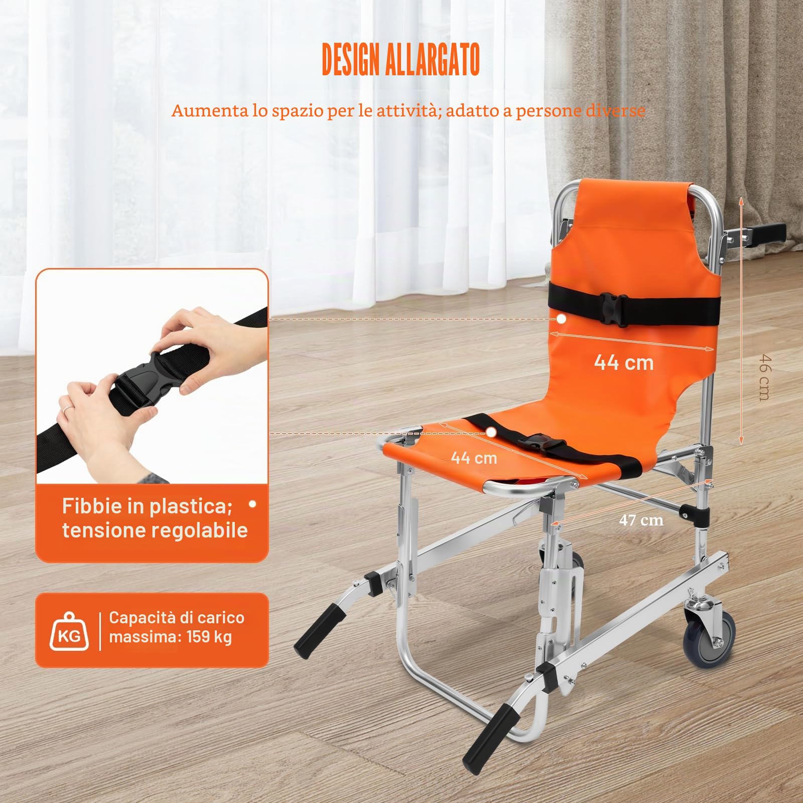 Sedia per scale, 159 kg, design salvaspazio, portatile, pieghevole, in PVC, arancione, con rinforzo in tubo a U e ruota in gomma, per ospedali, centri di emergenza, vigili del fuoco