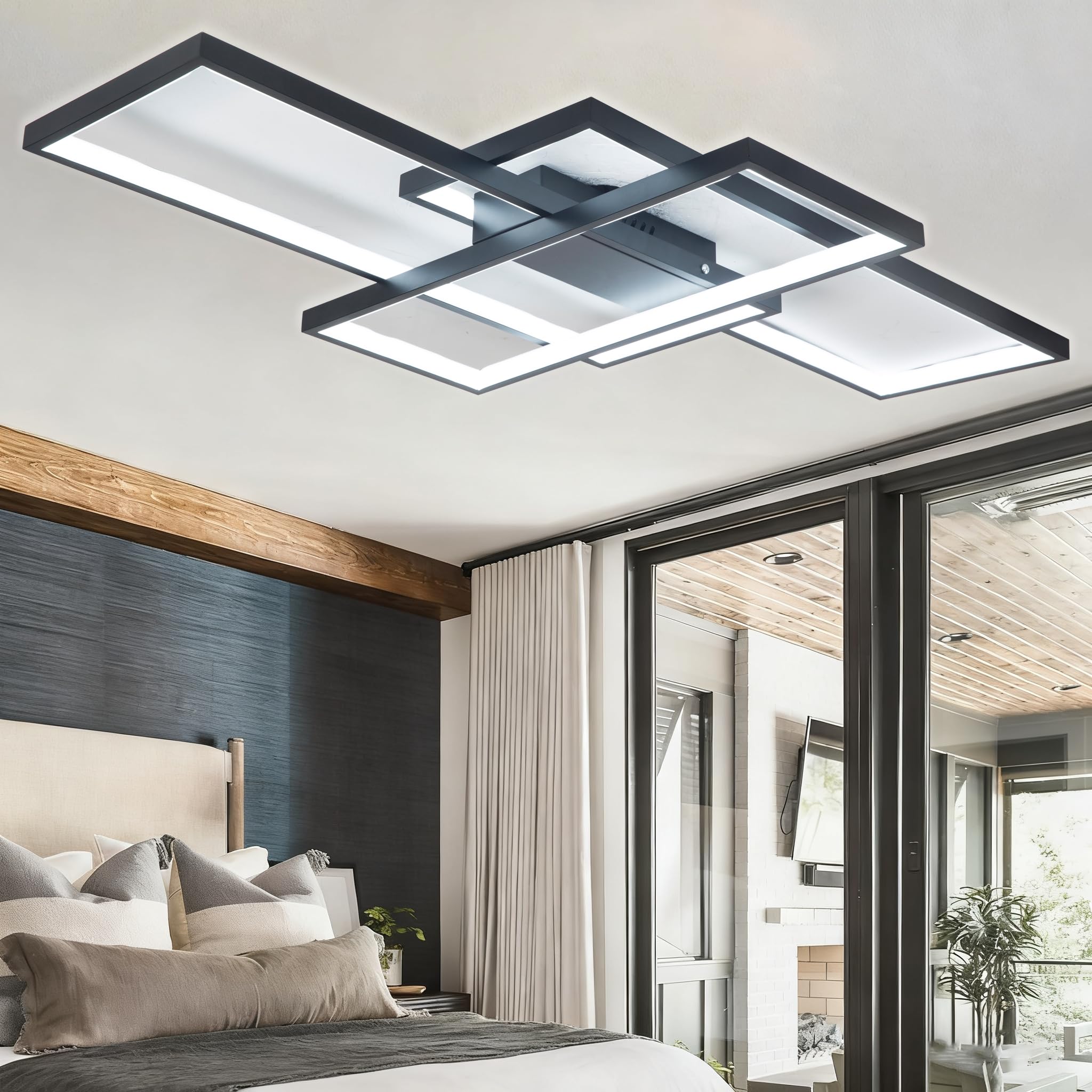 LED Deckenleuchte Modern Design Deckenlampe Wohnzimmer, 65W Dimmbar WohnzimmerLampe Decke Mit Fernbedienung, Rechteckig Deckenleuchte Schwarz Für Schlafzimmer Küche Wohnzimmer Beleuchtung, 80cm