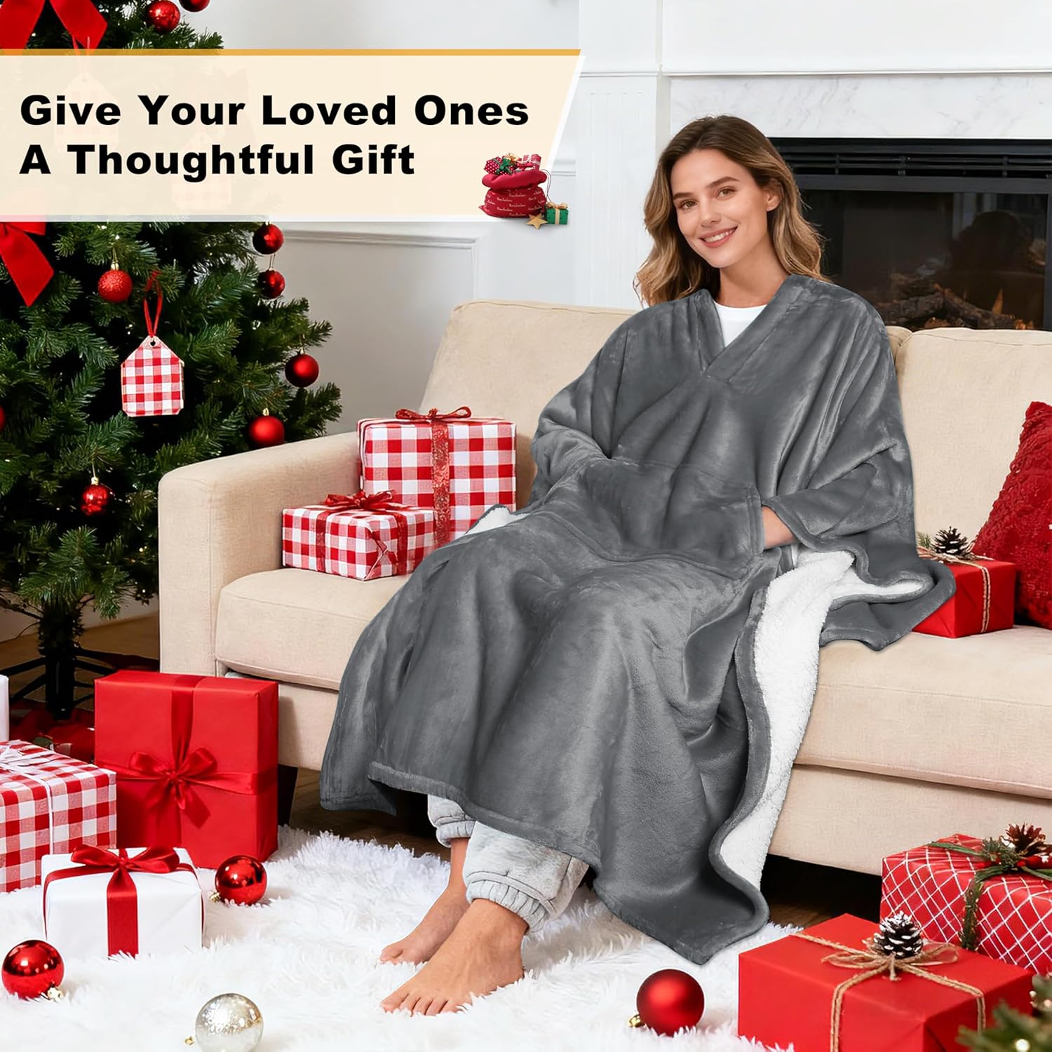 Catalonia Sherpa Wearable Poncho for Adult Women Men, Wrap Blanket Cape with Pocket, Warm, Soft, Cozy, Snuggly, Comfort Gift, No Sleeves, Grey - Image 2
