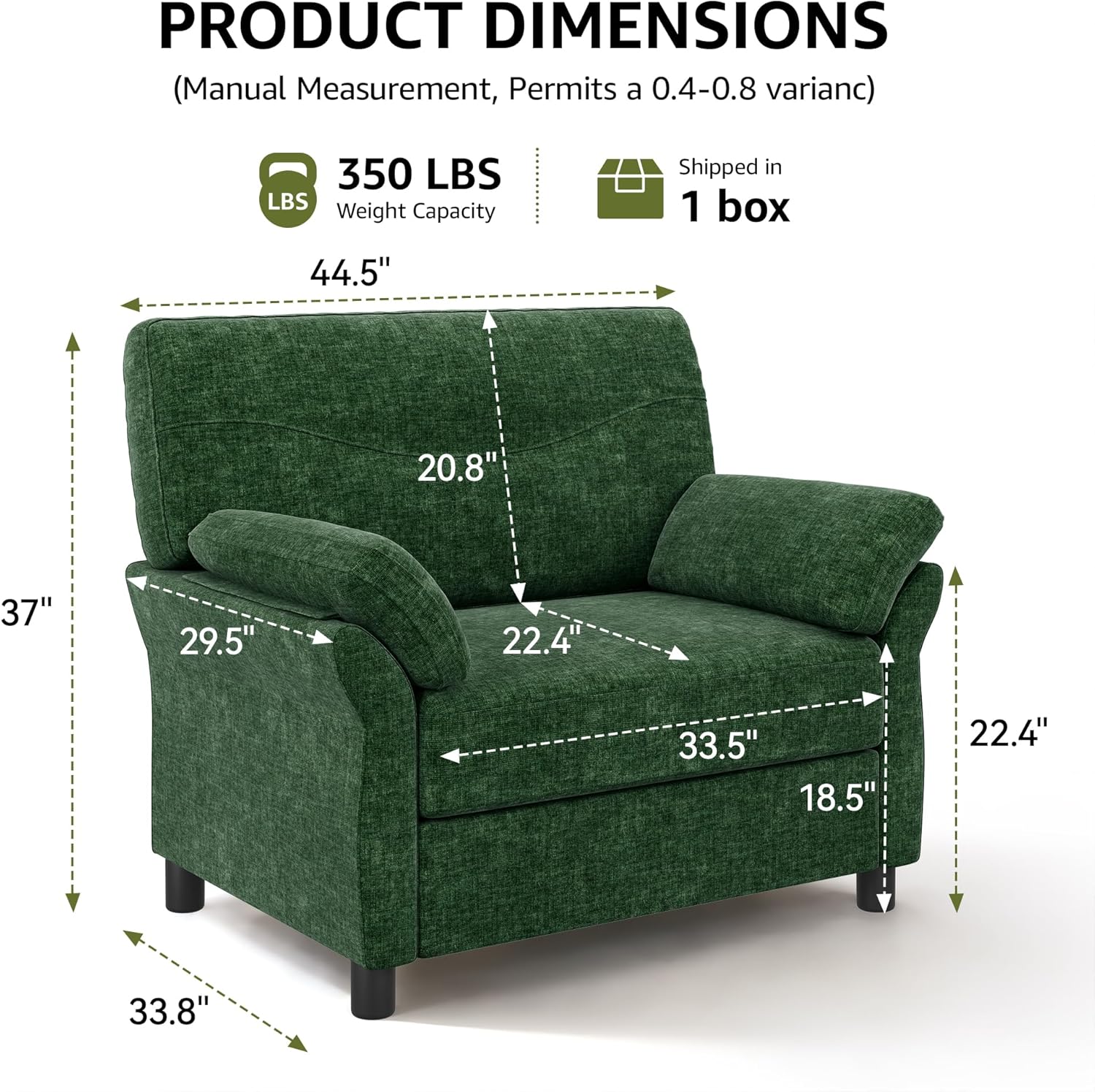 44.5" Oversized Accent Chair, Comfy Chenille Fabric Living Room Chairs, Upholstered Modern Armchair, Extra Large Single Sofa Reading Chair for Bedroom, Apartment, Tool-free Assembly, Dark Green
