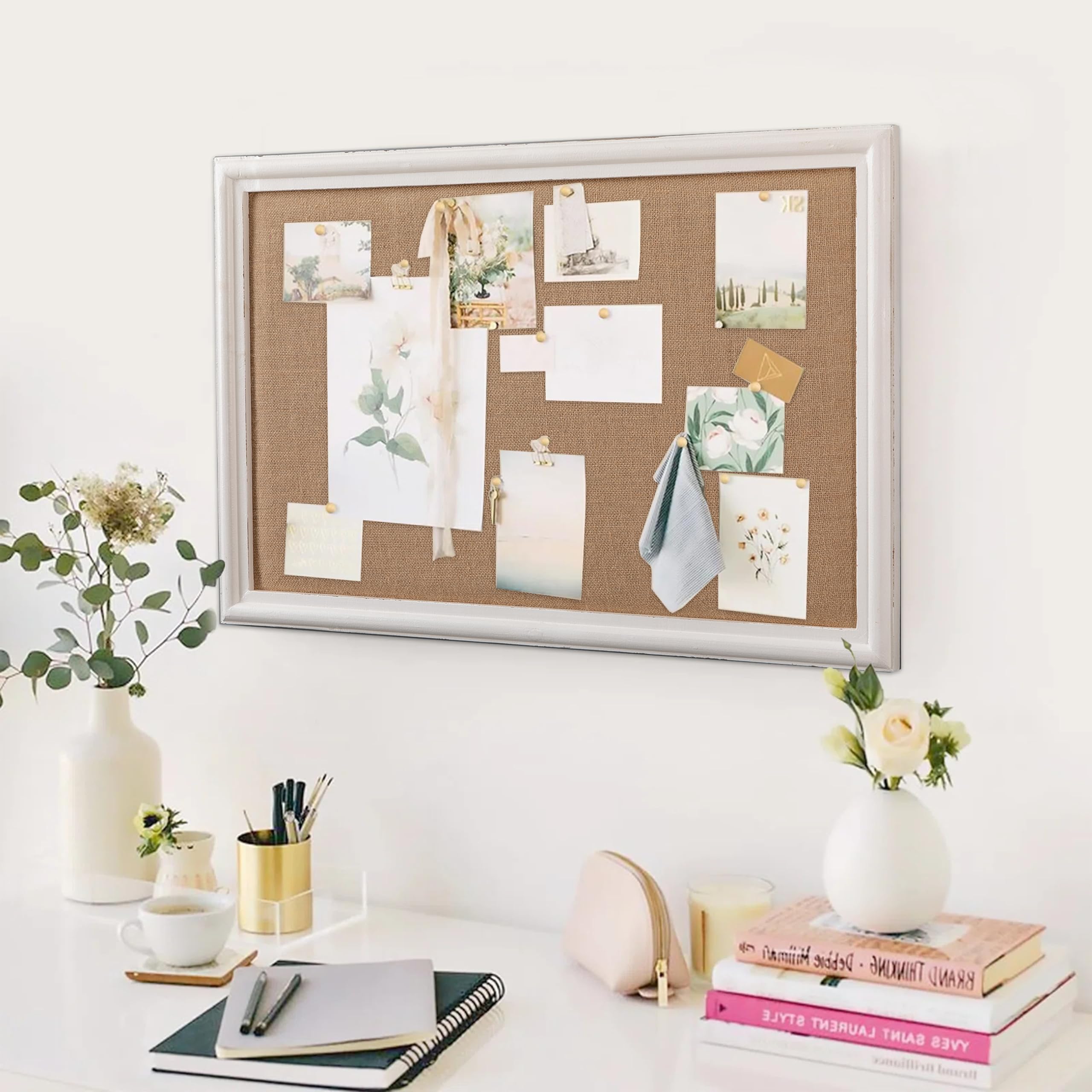 Picture Board With Ribbon SOFE Rustic White Linen Bulletin Board - 28x32 Inch Photo Display Pin Board Decorative Bulletin Board - View #9