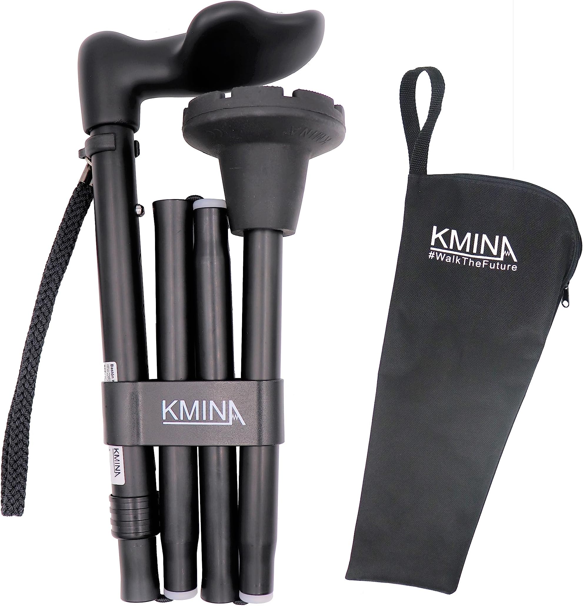 KMINA Ergonomic Walking Cane for Women and Men (Right Handed), Anatomical Palm Grip, Adjustable Height, Foldable and Lightweight, Anti Slip Ferrule