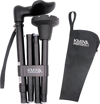 KMINA Ergonomic Walking Cane for Women and Men Right Handed, Anatomical Palm Grip, Adjustable Height, Foldable and Lightweight, Anti Slip Ferrule
