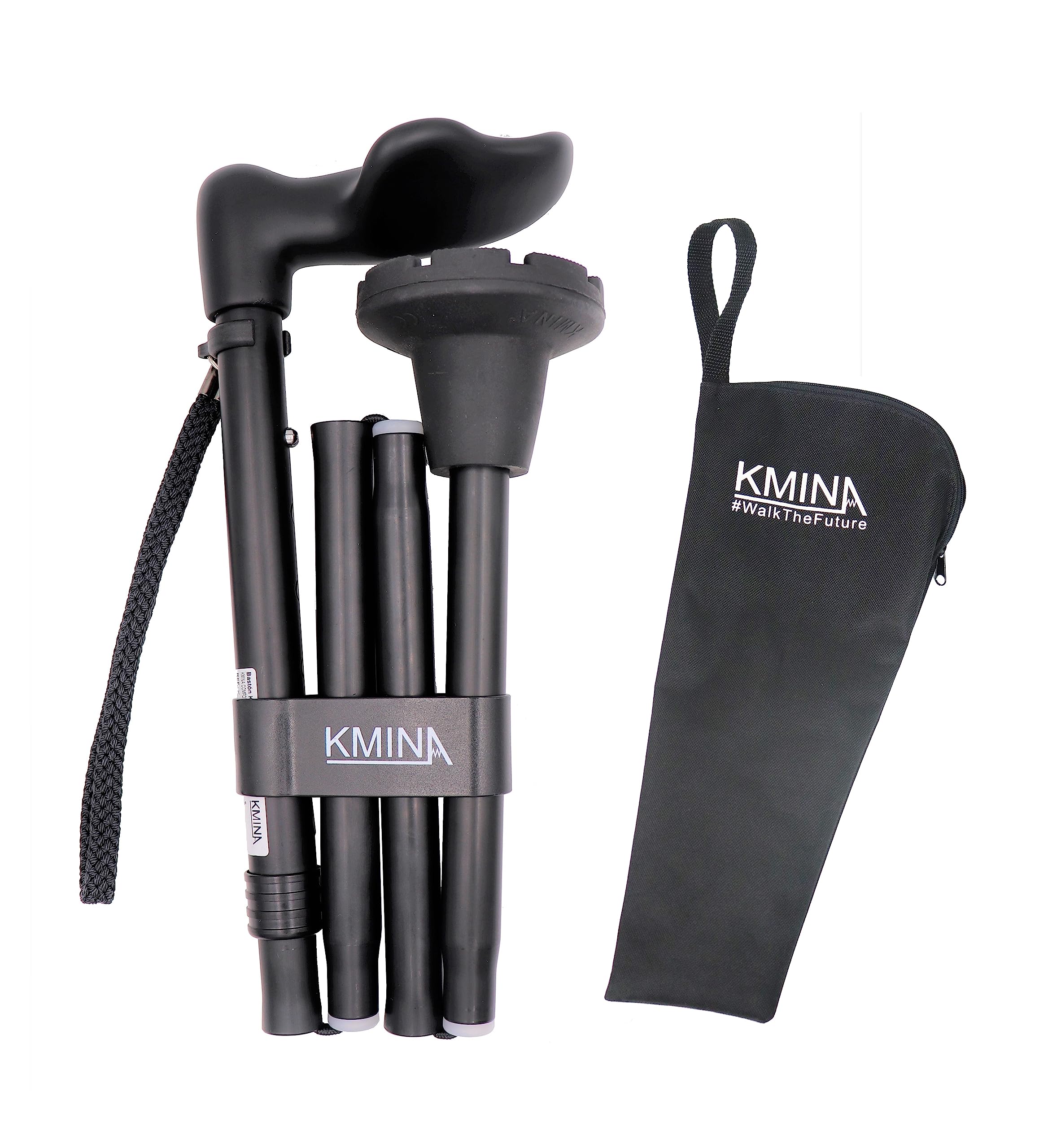 KMINA - Ergonomic Walking Stick for Old People (Right Hand), Foldable, Adjustable Height, Palm Grip (Made in Europe)