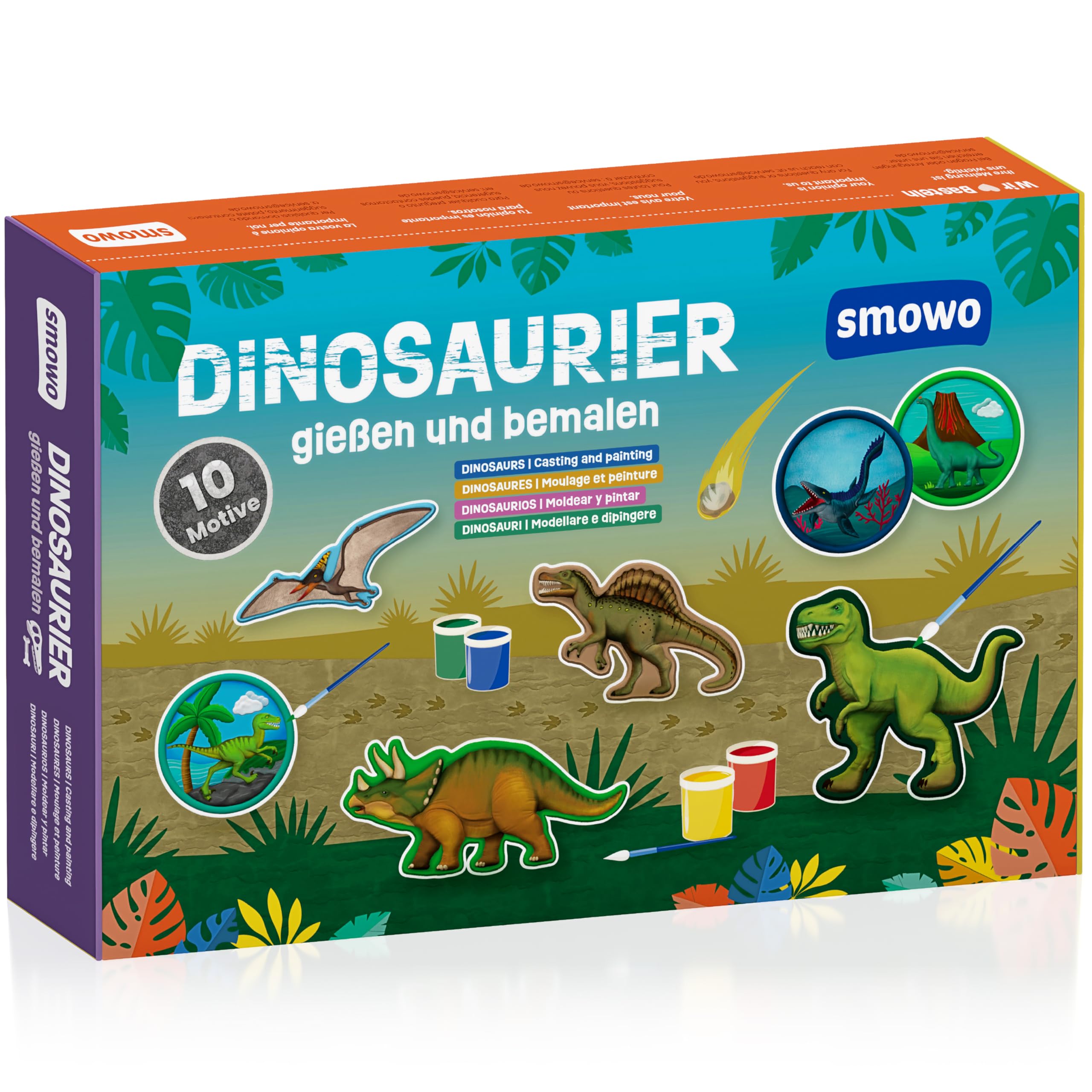 Smowo® 10 Dinosaurier Gipsfiguren zum Gießen und Bemalen - Dino Gips Bastelset inklusive Enzyklopädie - Geschenk zum Basteln für Jungen und Mädchen