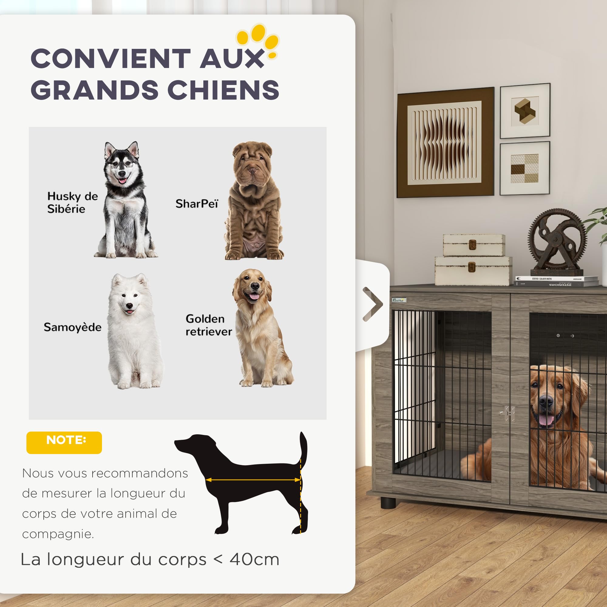 PawHut Cage pour Chien intérieur Table d'appoint 100 x 60 x 73,5 cm Niche pour Chiens jusqu'à 30 kg avec Coussin déhoussable Porte verrouillable Gris