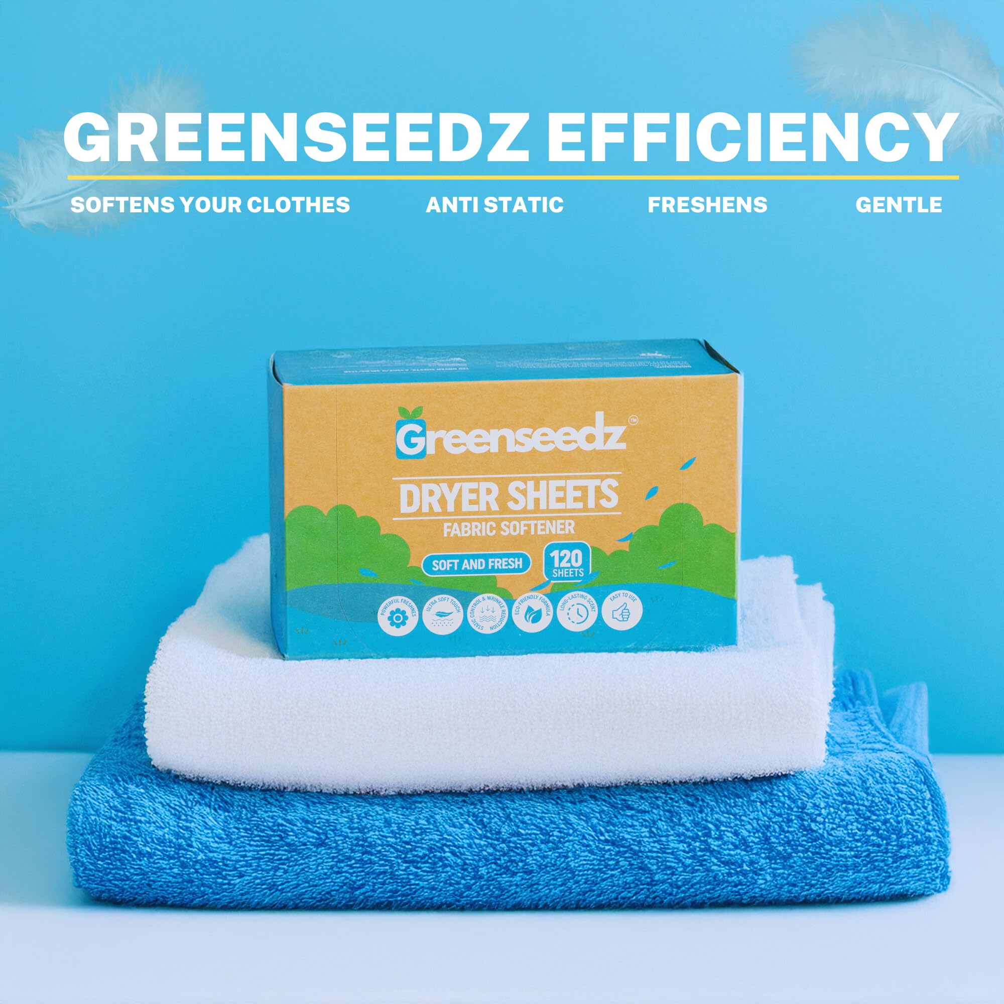 Greenseedz Toallitas para Secadora (120 Unidades) Suavizan, Reducen La Estática Y Refrescan La Ropa. Sin Plástico. Compatible Con Todo Tipo de Telas.